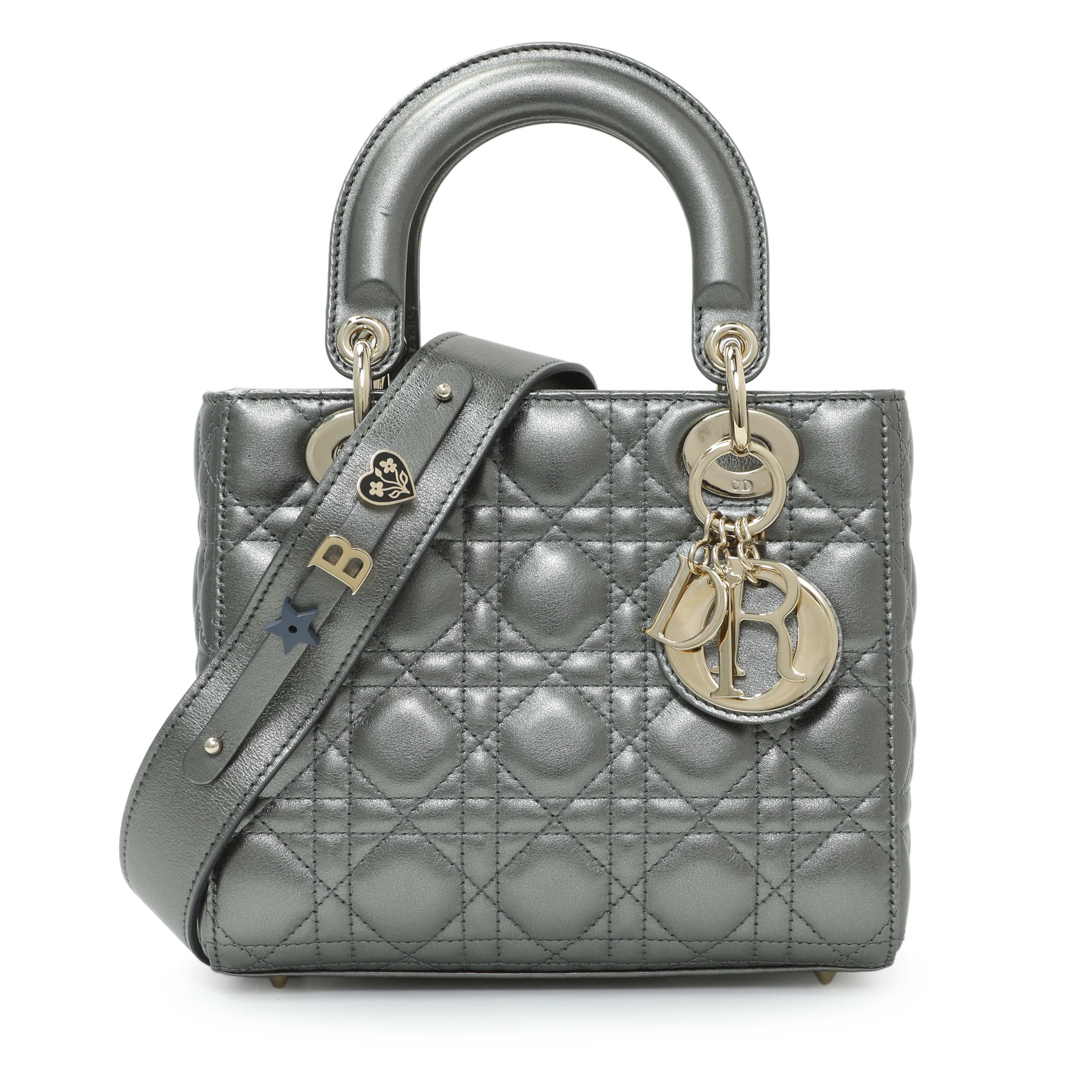 Christian Dior Metallic Grey Lambskin Cannage Small Small My ABCDior Lady Dior