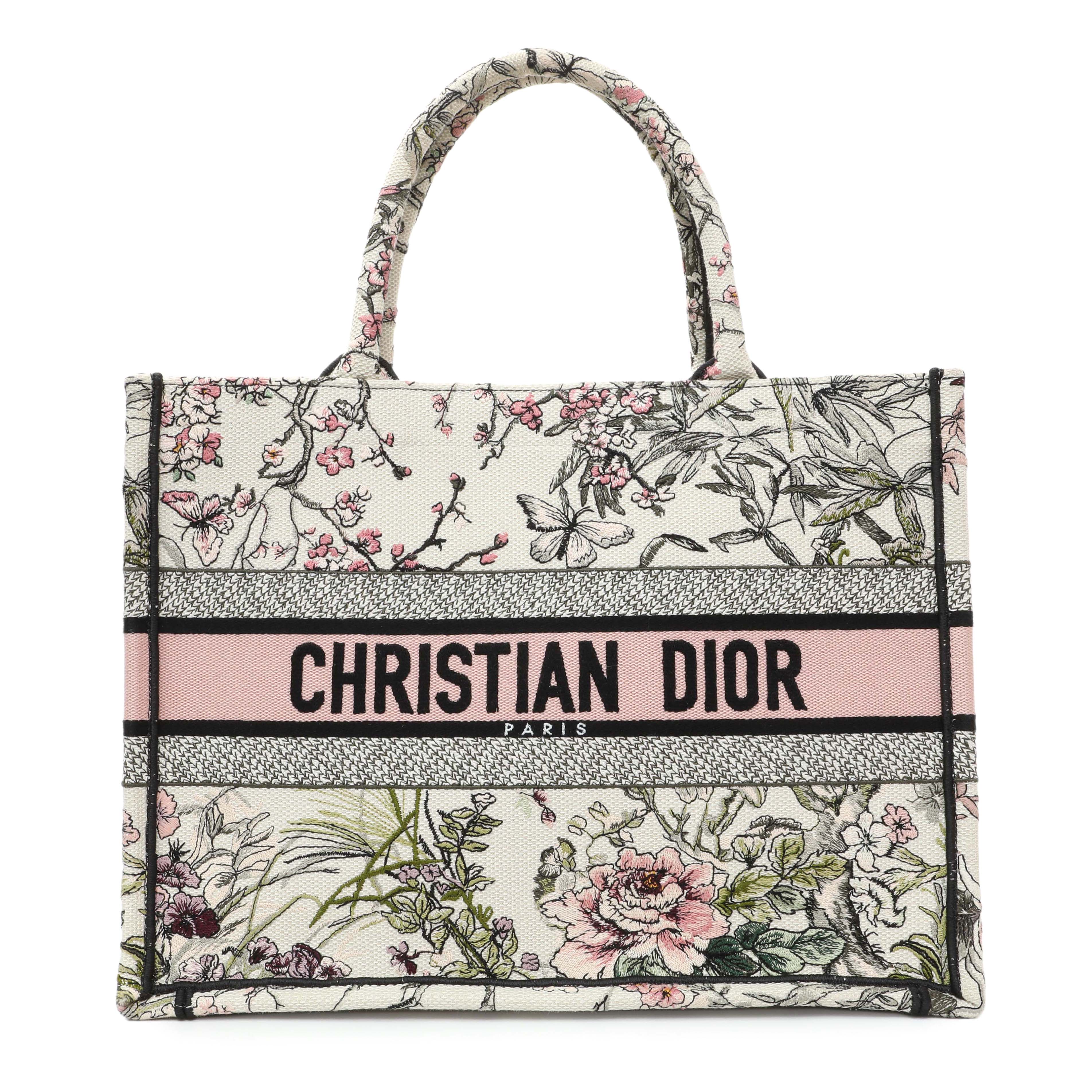 Christian Dior Pink White Floral Embroidered Medium Book Tote