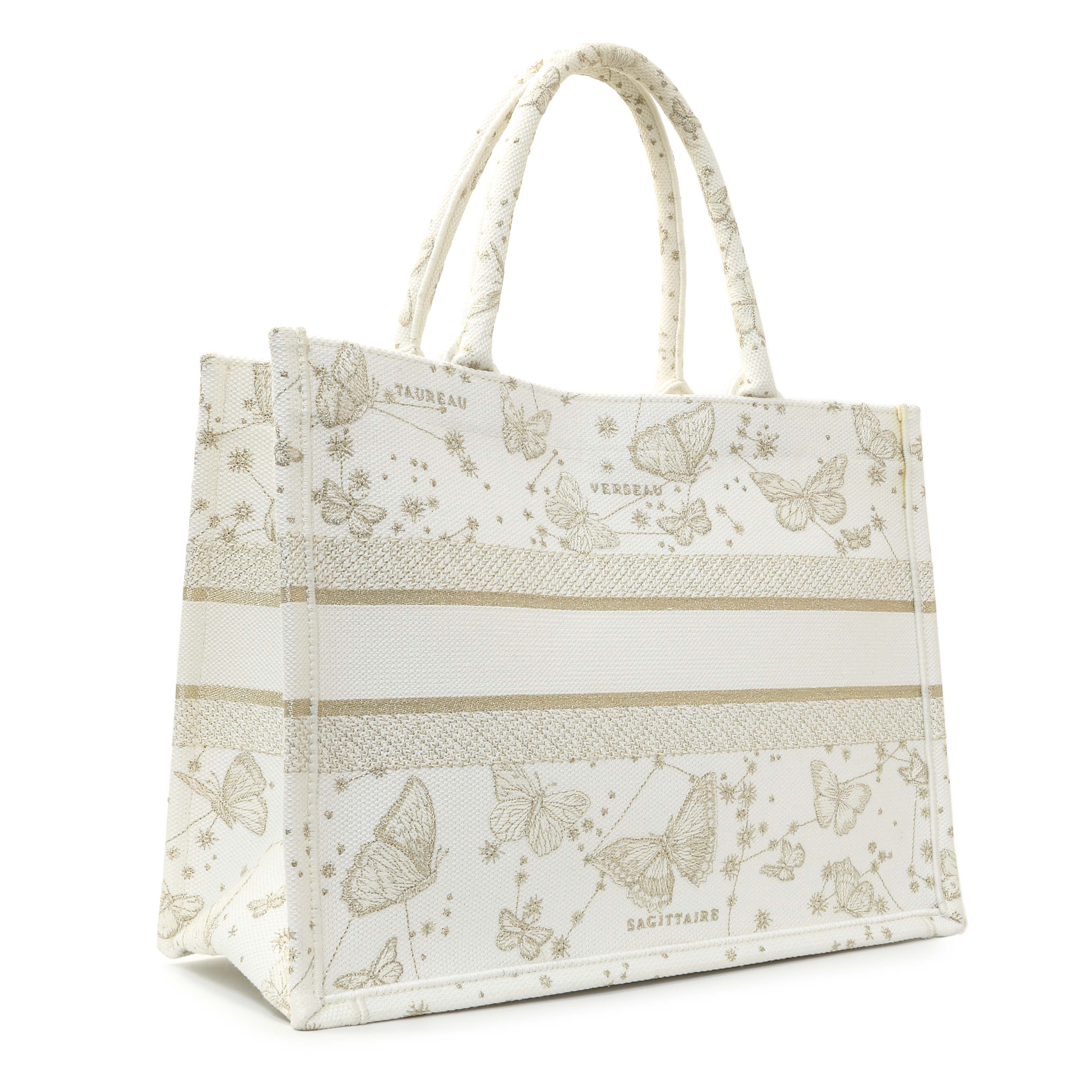 Christian Dior White Gold Canvas Embroidered Medium Zodiac Print Book Tote - Image 2