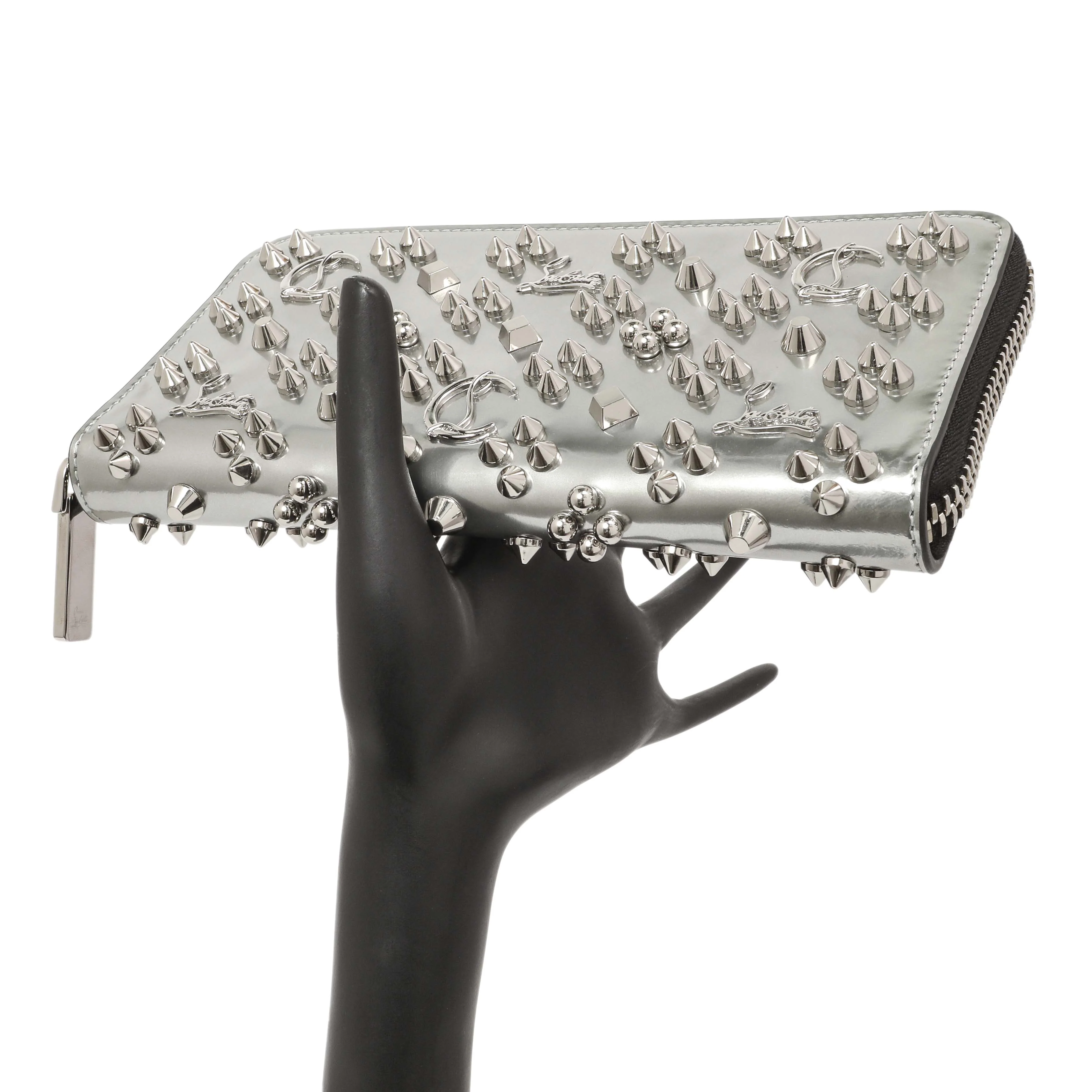 Christian Louboutin Silver Patent Leather Panettone Spiked Zip Around Wallet - Image 8