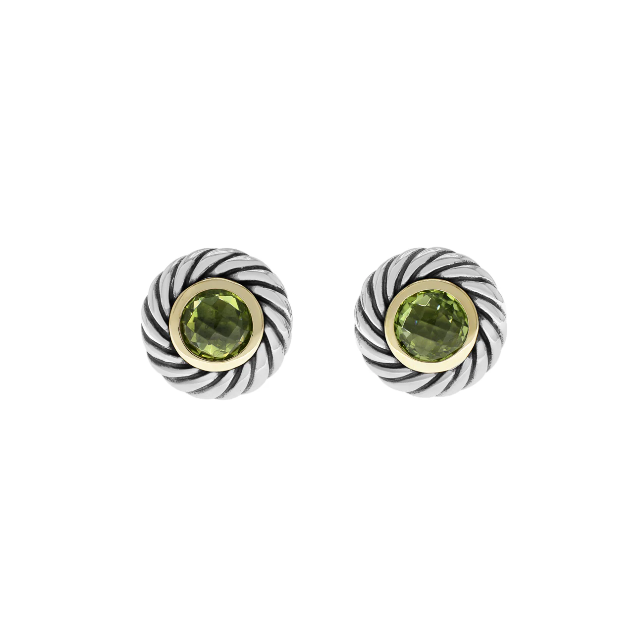 David Yurman Sterling Silver 18K Yellow Gold Peridot Cookie Cable Earrings