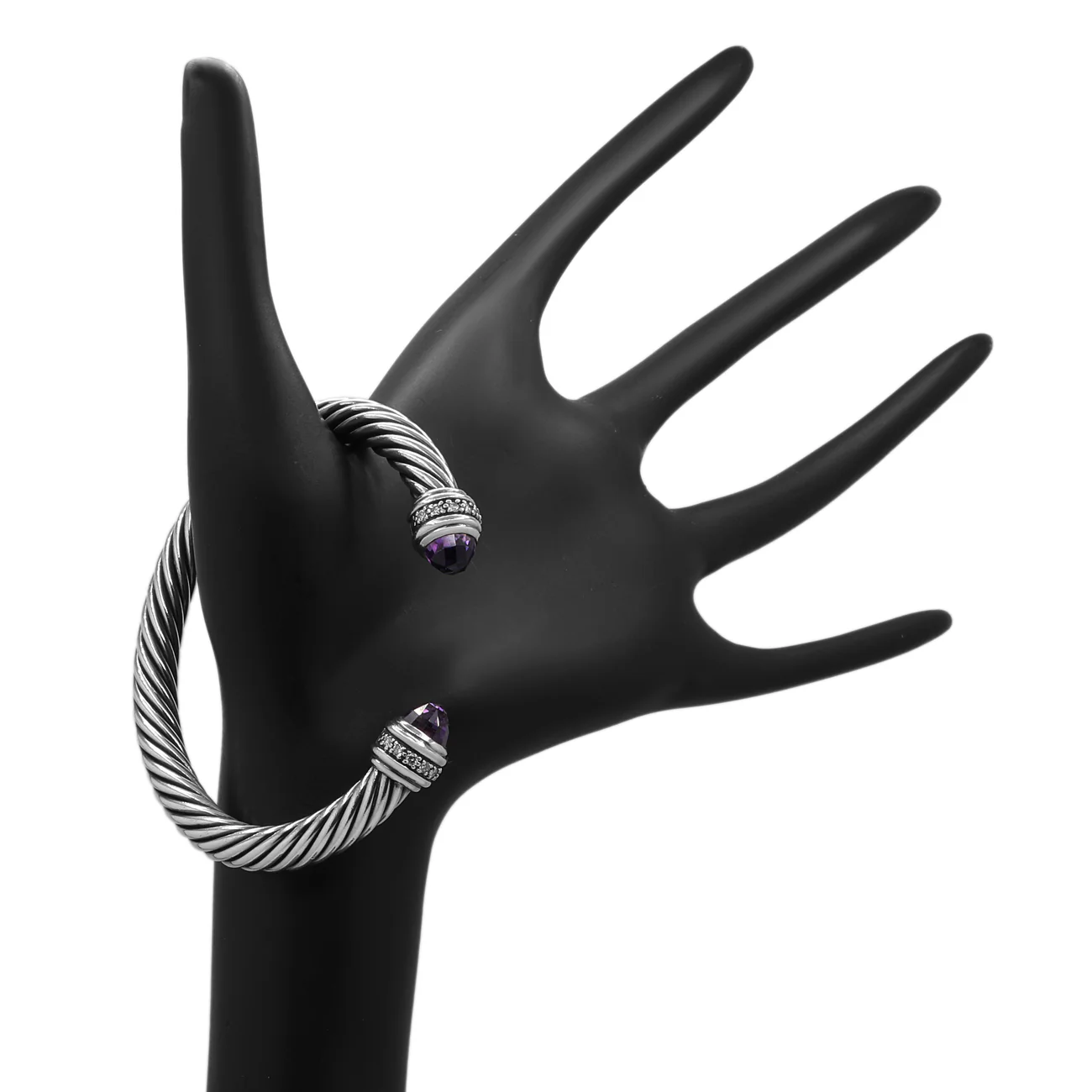 David Yurman Sterling Silver 7mm Diamond Amethyst Cable Classics Bracelet - Image 3