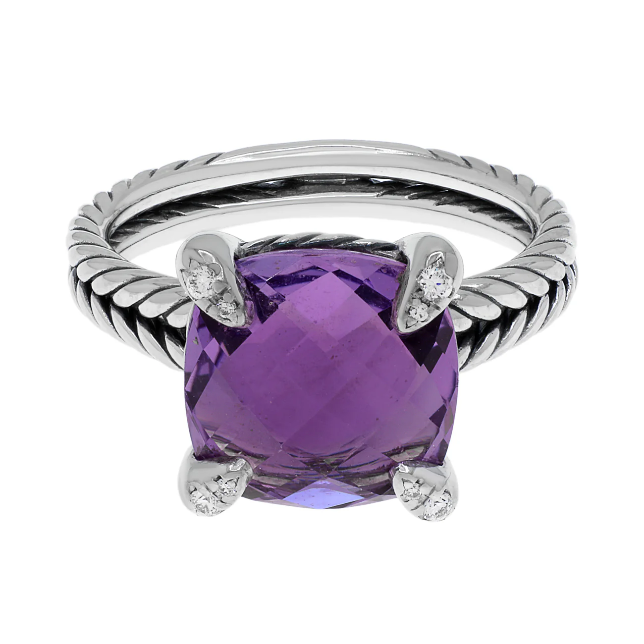 David Yurman Sterling Silver Amethyst Diamond Chatelaine Ring