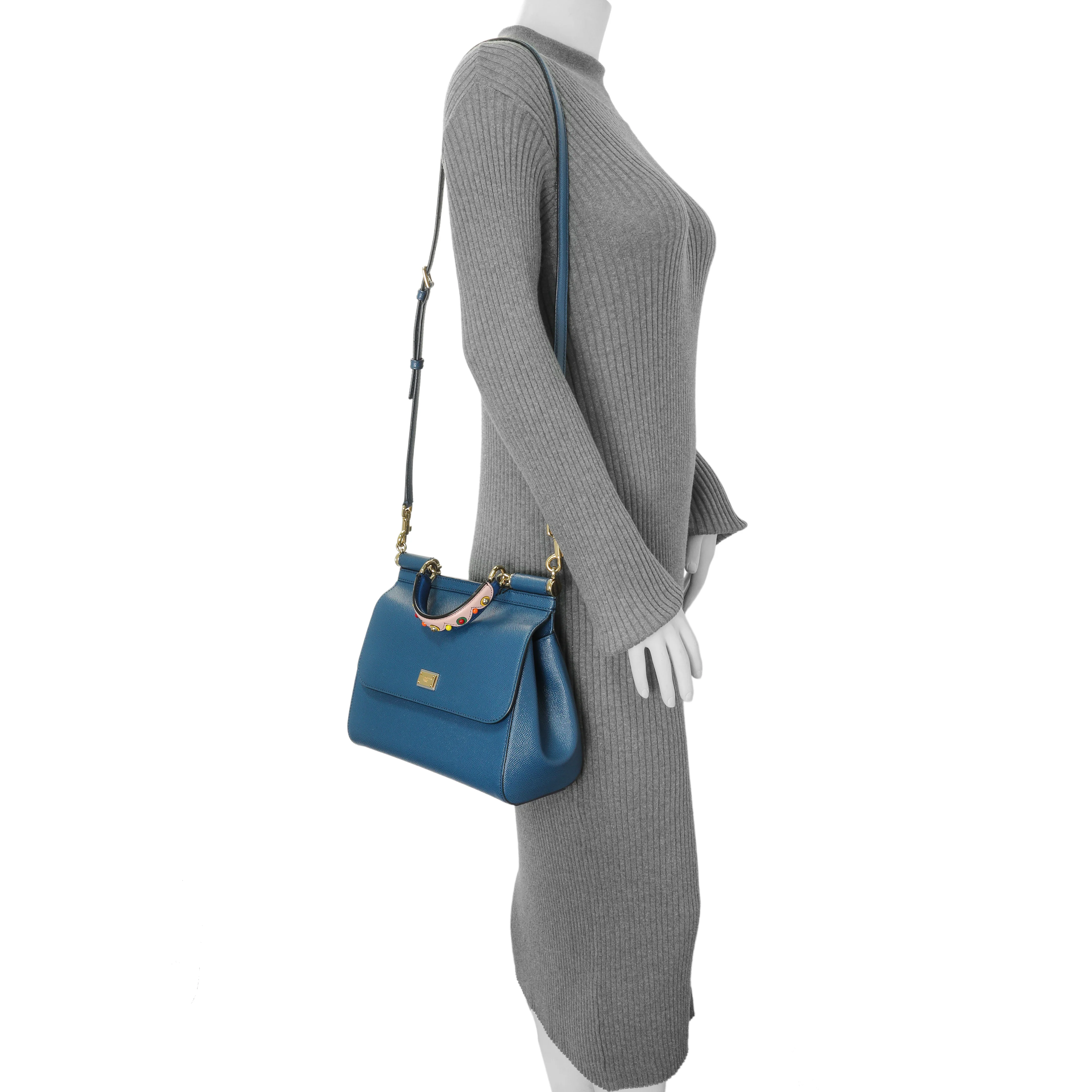 Dolce & Gabbana Blue Grained Calfskin Medium Miss Sicily Satchel - Image 6