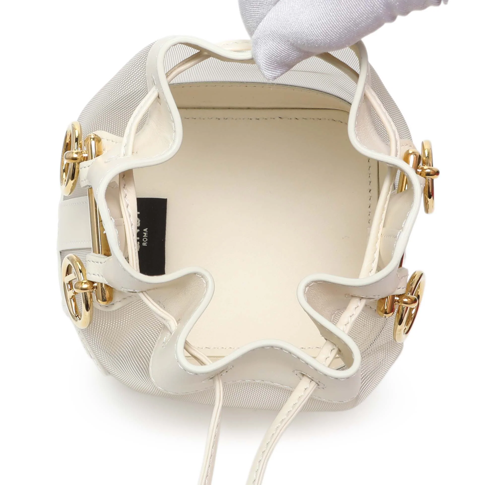 Fendi Sabbia White Ice Mesh Vitello King F is Fendi Logo Embroidered Mini Mon Tresor Bucket Bag - Image 4