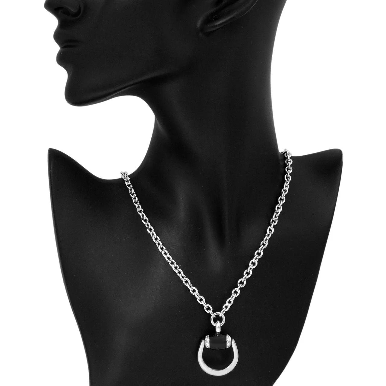 Gucci 18K White Gold, Diamond & Onyx Horsebit Pendant Necklace - Image 3