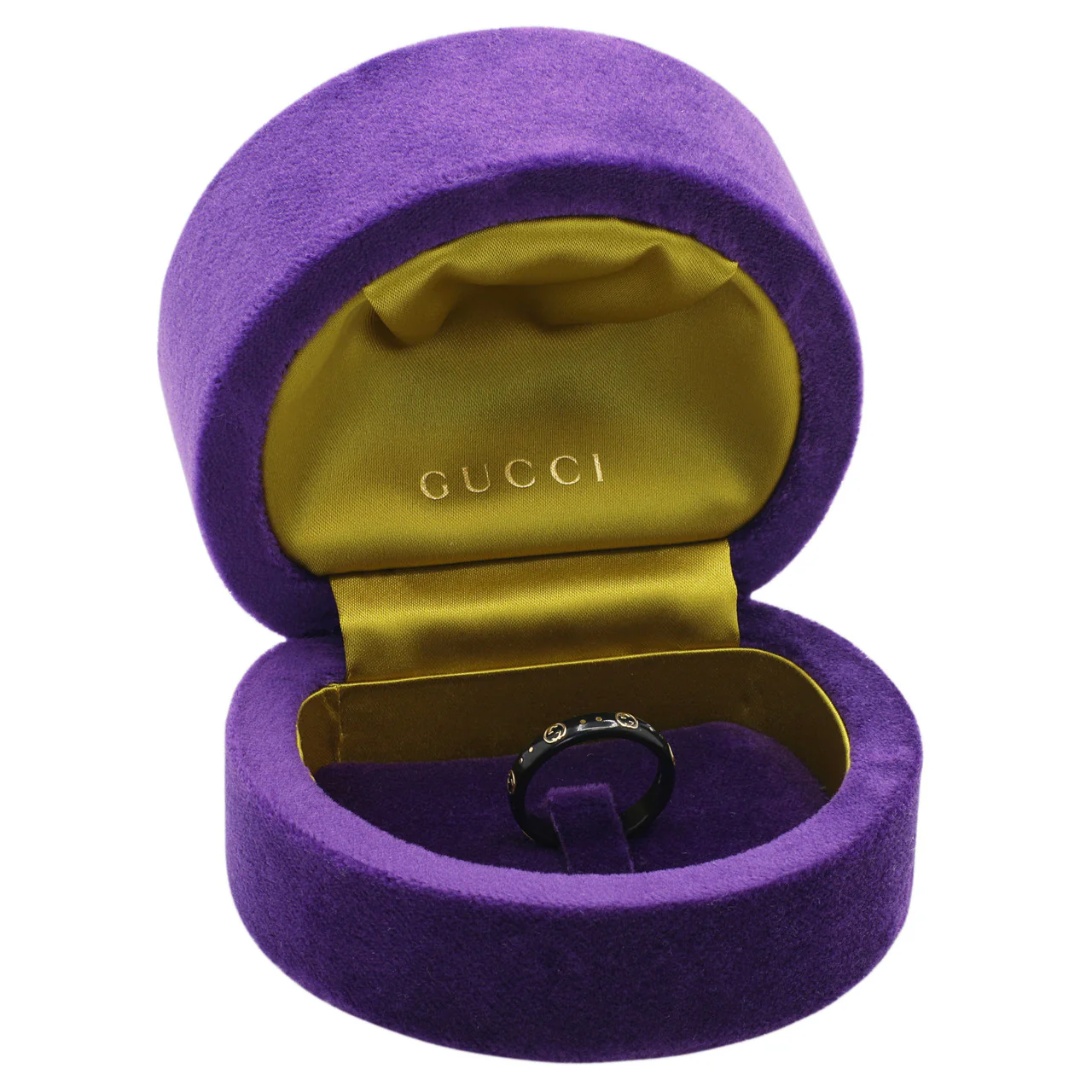 Gucci 18K Yellow Gold Black Synthetic Corundum Interlocking G Icon Ring - Image 4