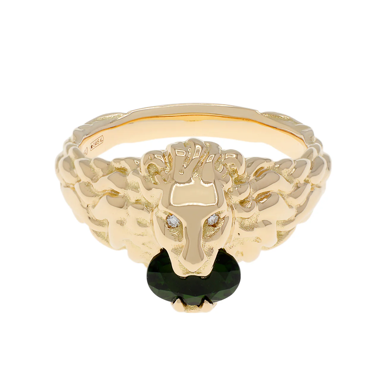 Gucci 18K Yellow Gold Diamond Chrome Diopside Lion Head Ring