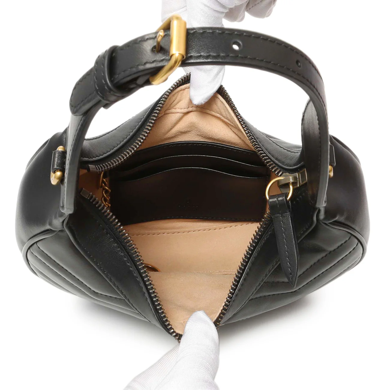 Gucci Black Calfskin Matelasse Chevron Mini GG Marmont Half Moon Hobo - Image 4