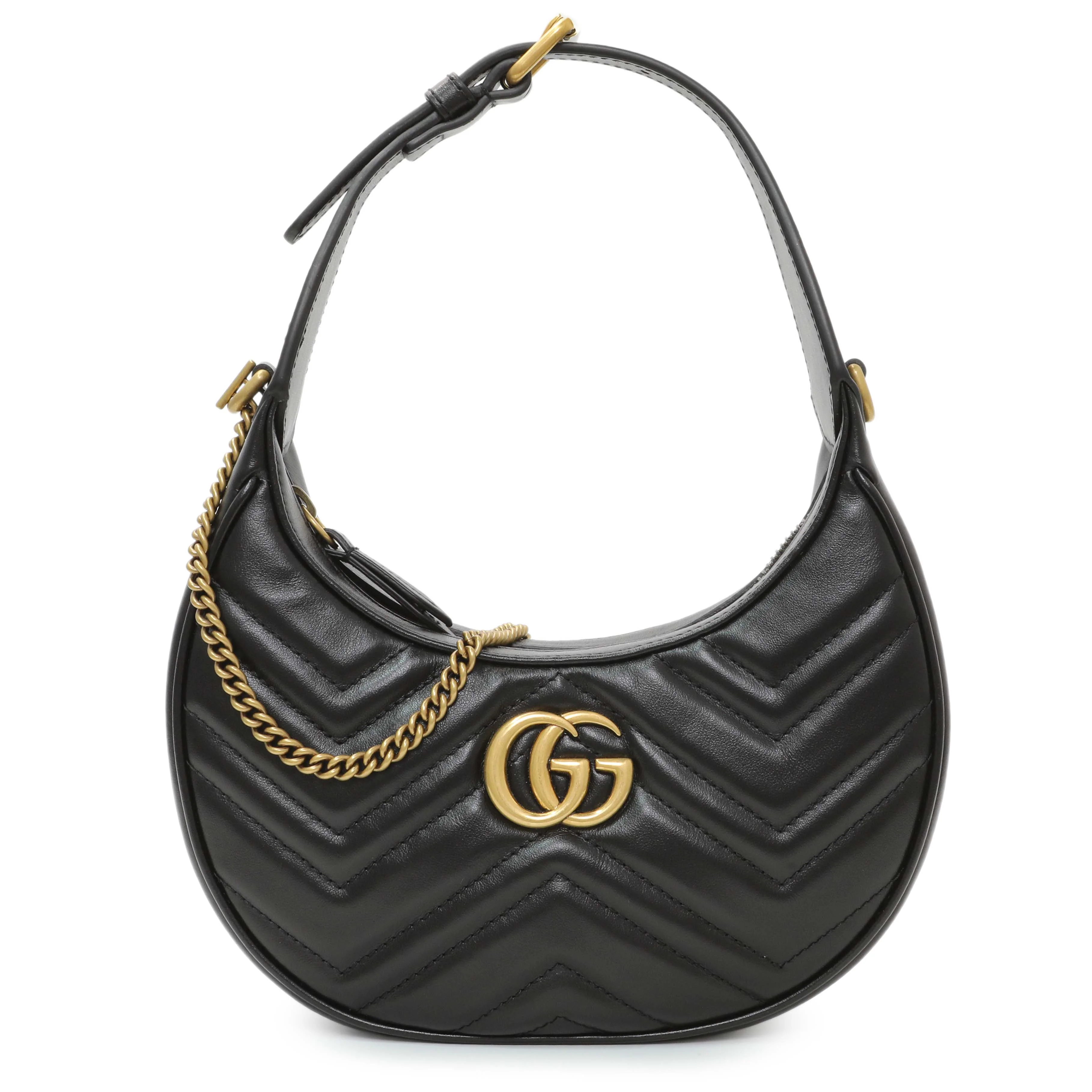 Gucci Black Calfskin Matelasse Chevron Mini GG Marmont Half Moon Hobo