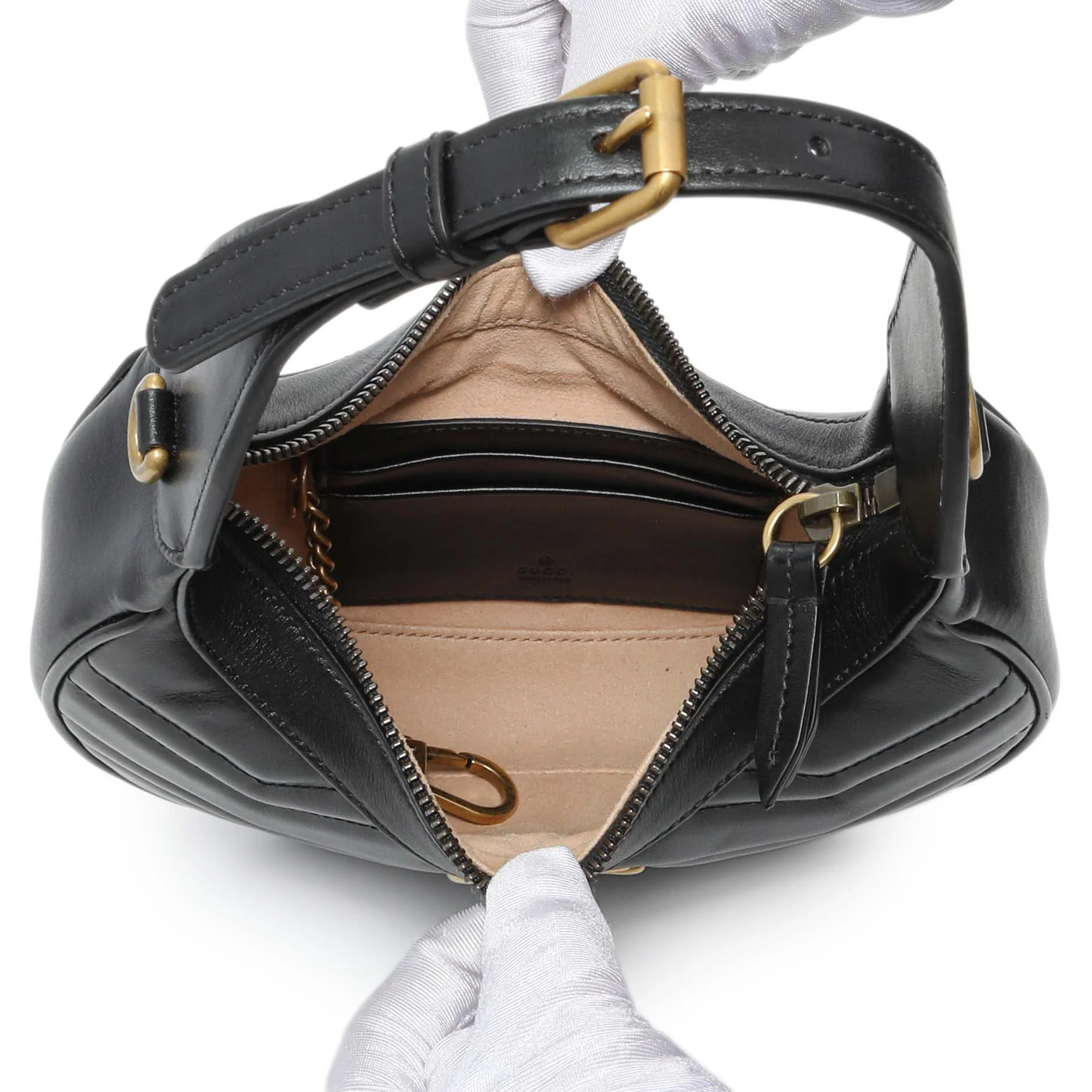 Gucci Black Calfskin Matelasse Chevron Mini GG Marmont Half Moon Hobo - Image 4