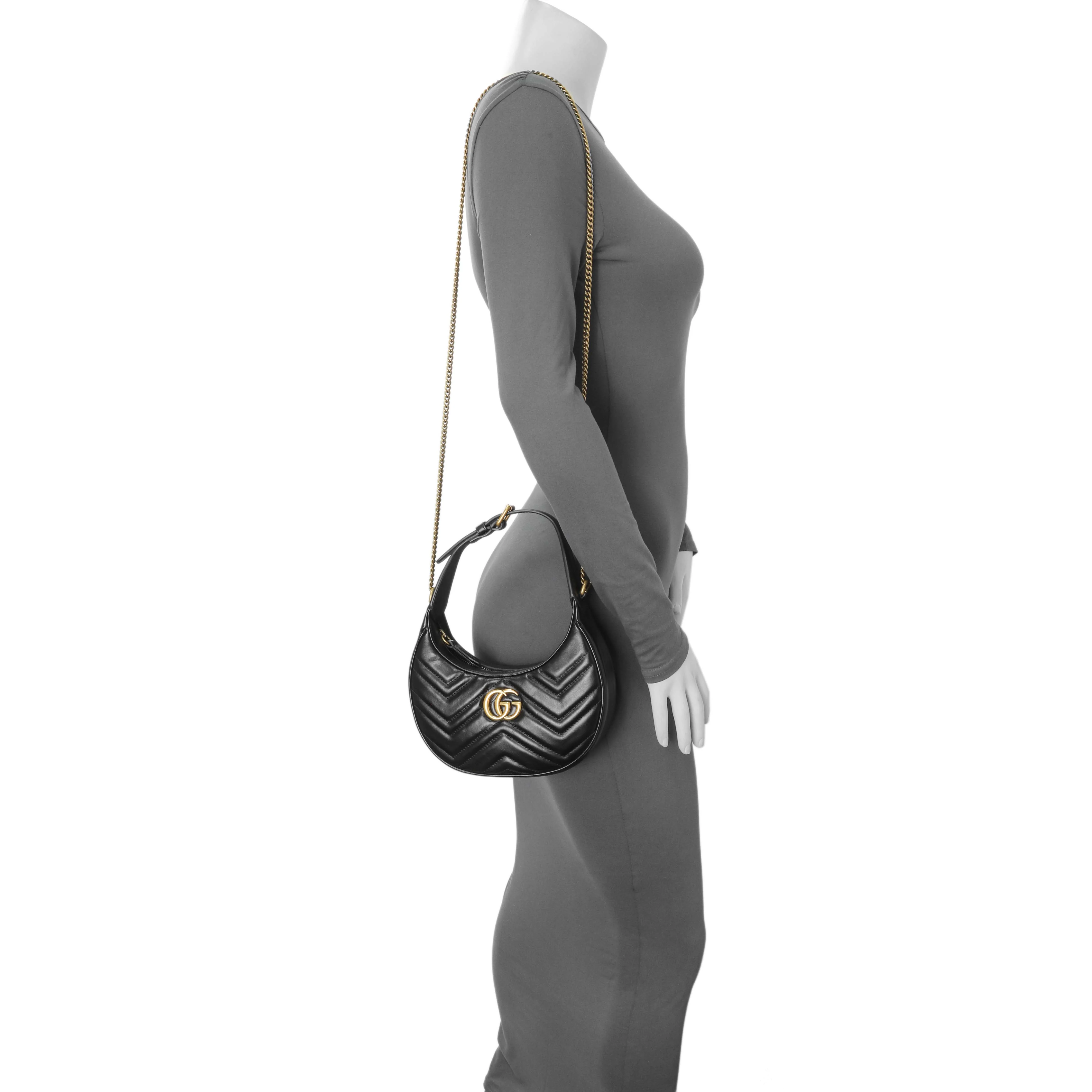 Gucci Black Calfskin Matelasse Chevron Mini GG Marmont Half Moon Hobo - Image 7