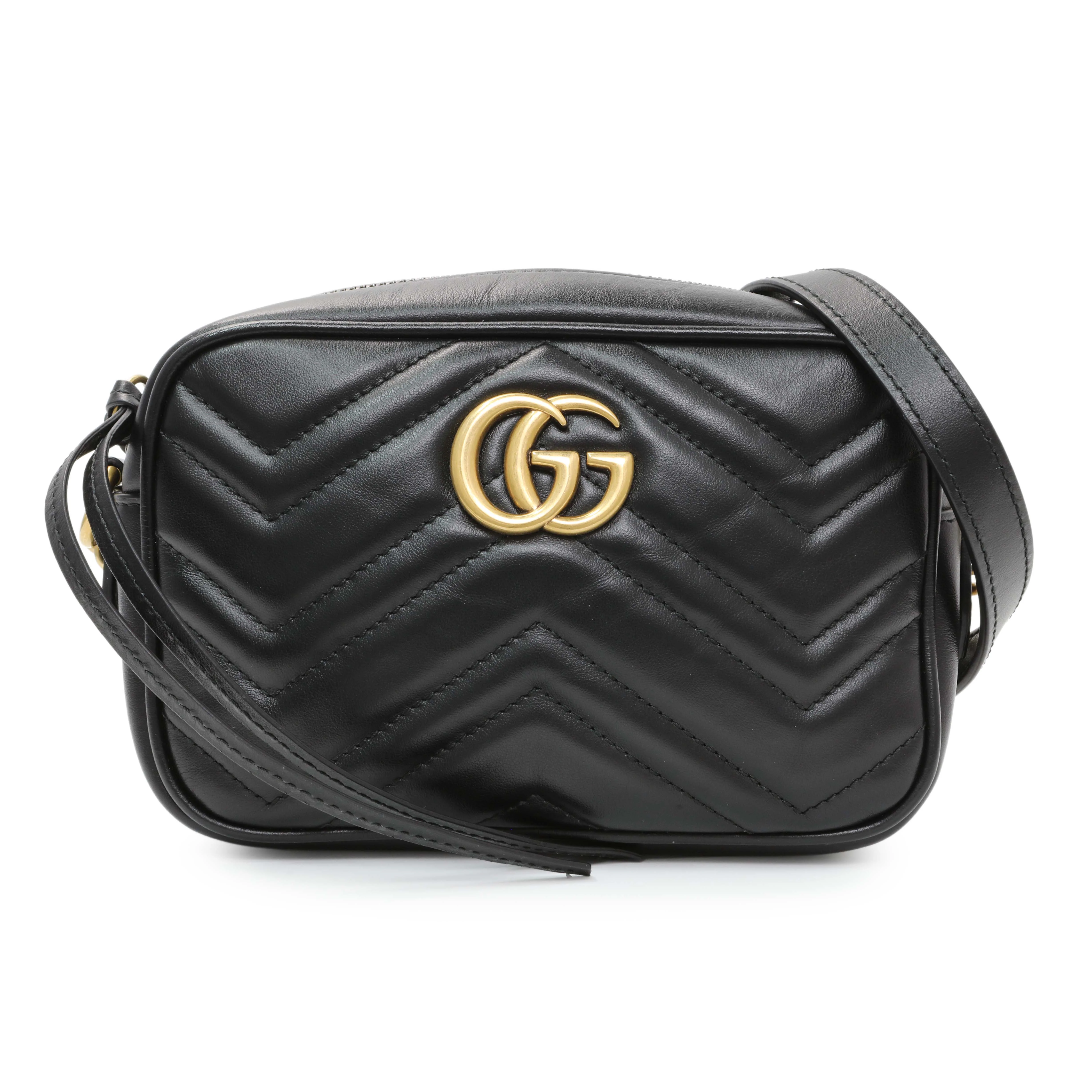 Gucci Black Calfskin Matelasse Mini GG Marmont Chain Shoulder Bag