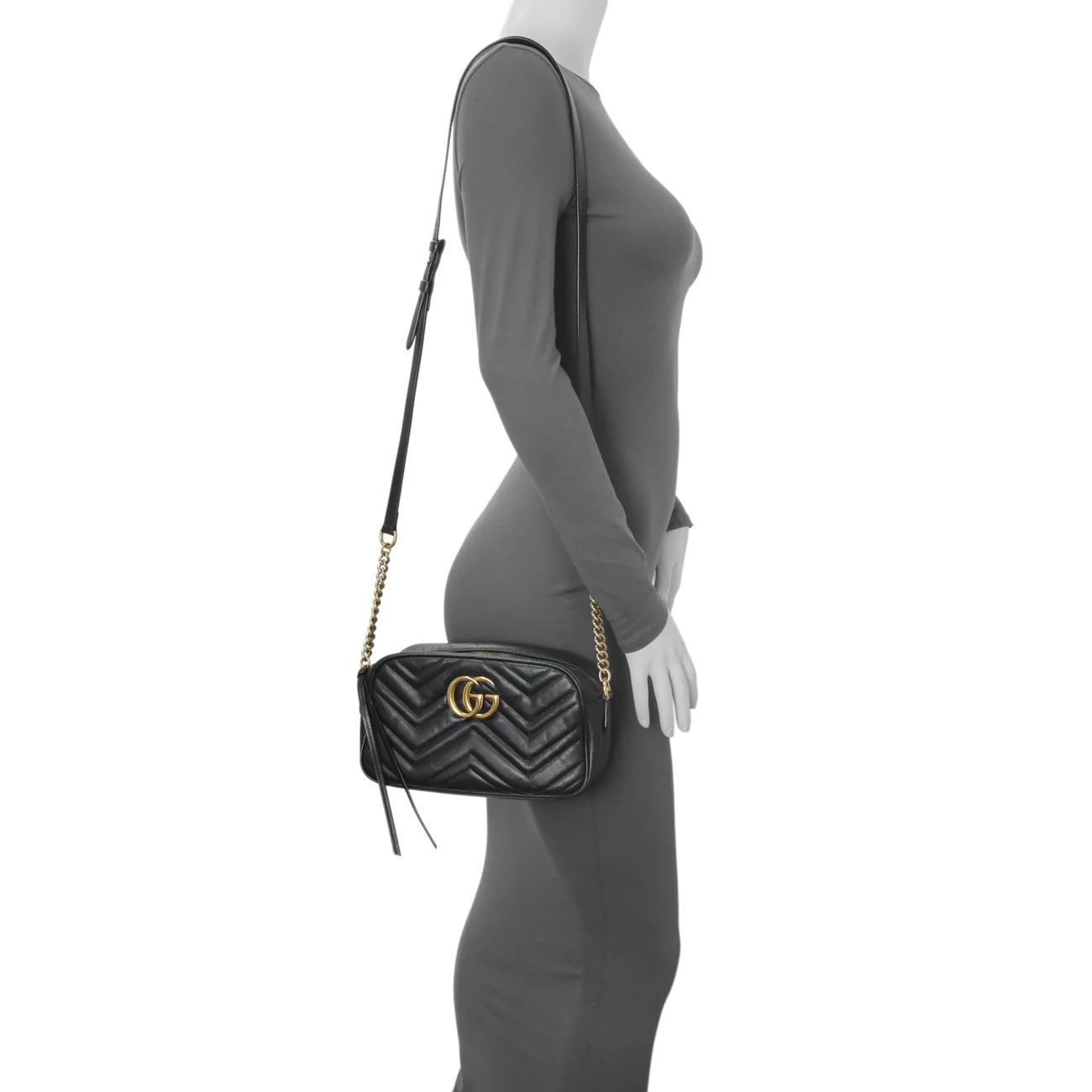 Gucci Black Calfskin Matelasse Small GG Marmont Chain Shoulder Bag - Image 16