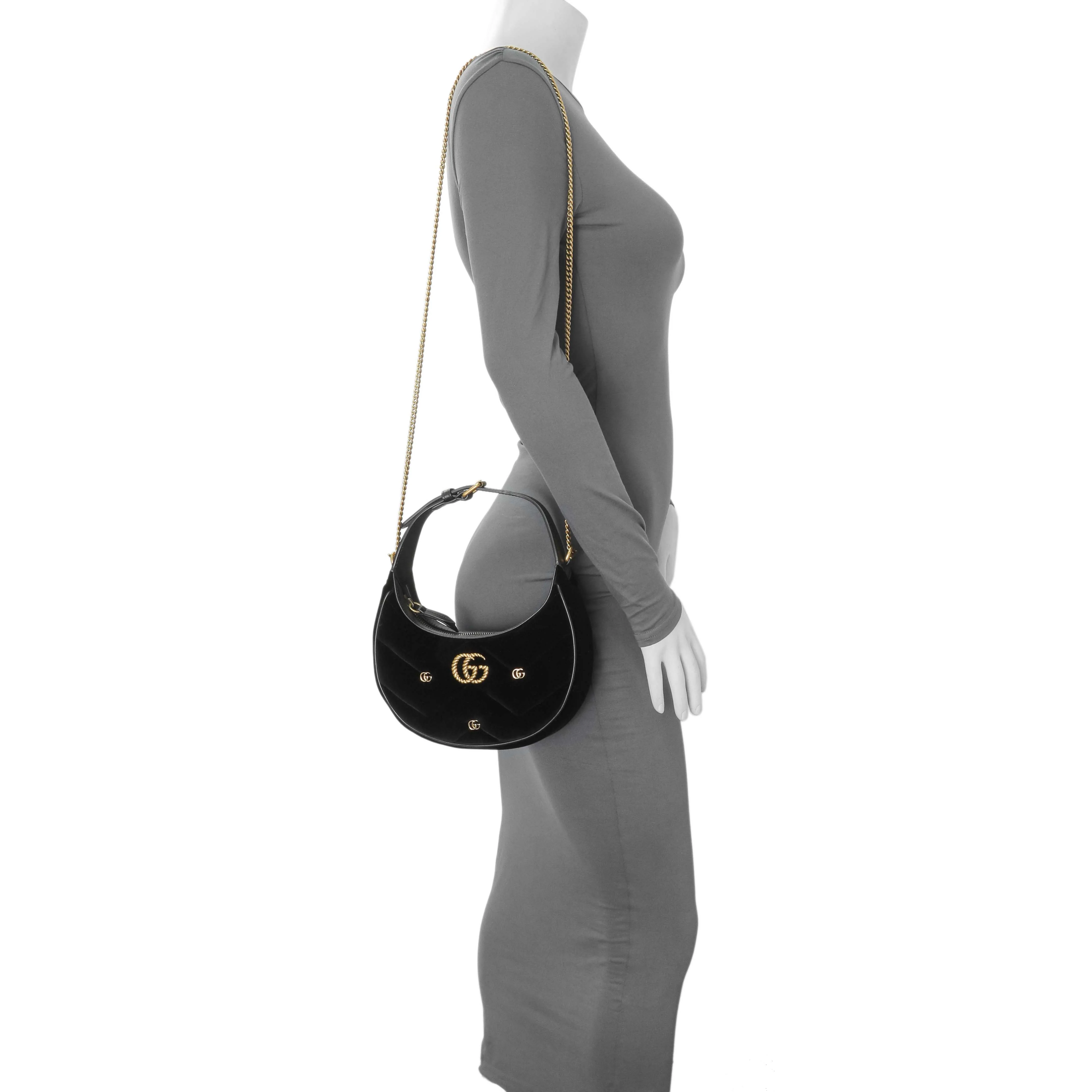 Gucci Black Velvet Matelasse Double G Studs Marmont Half Moon Hobo - Image 7