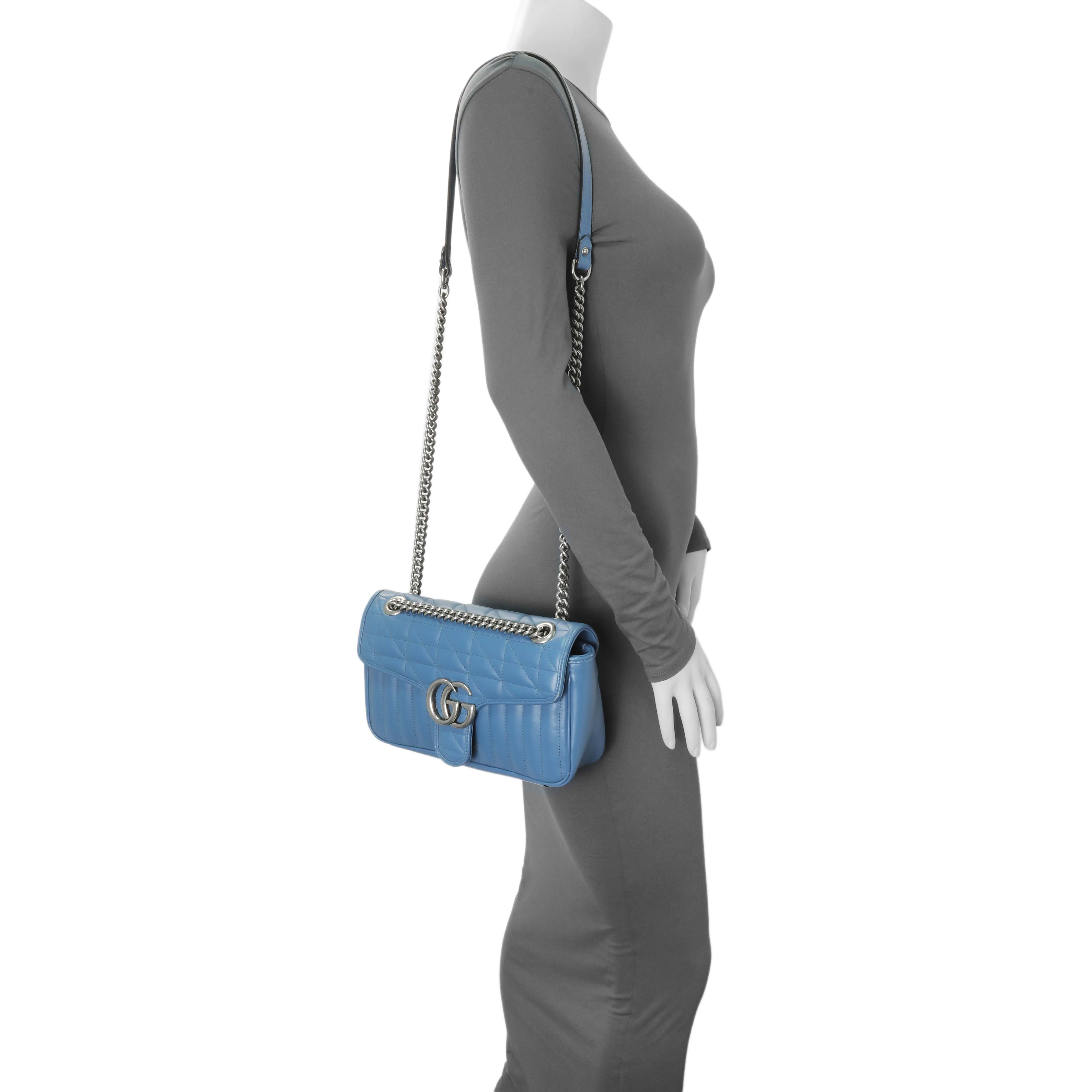 Gucci Blue Calfskin Matelasse Aria Small GG Marmont Shoulder Bag - Image 13