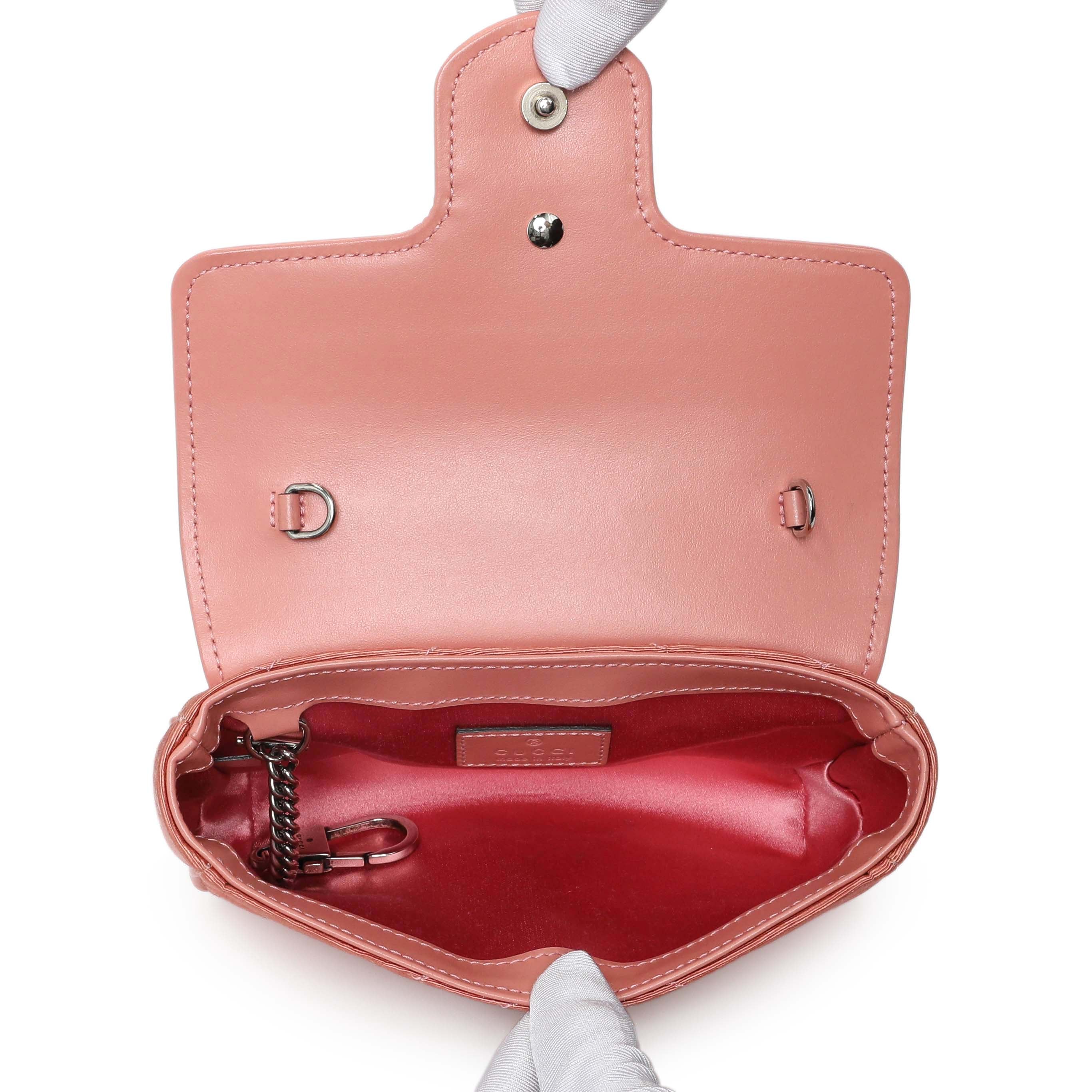 Gucci Blush Moire Fabric Mini GG Marmont Crystal Chain Belt Bag - Image 4