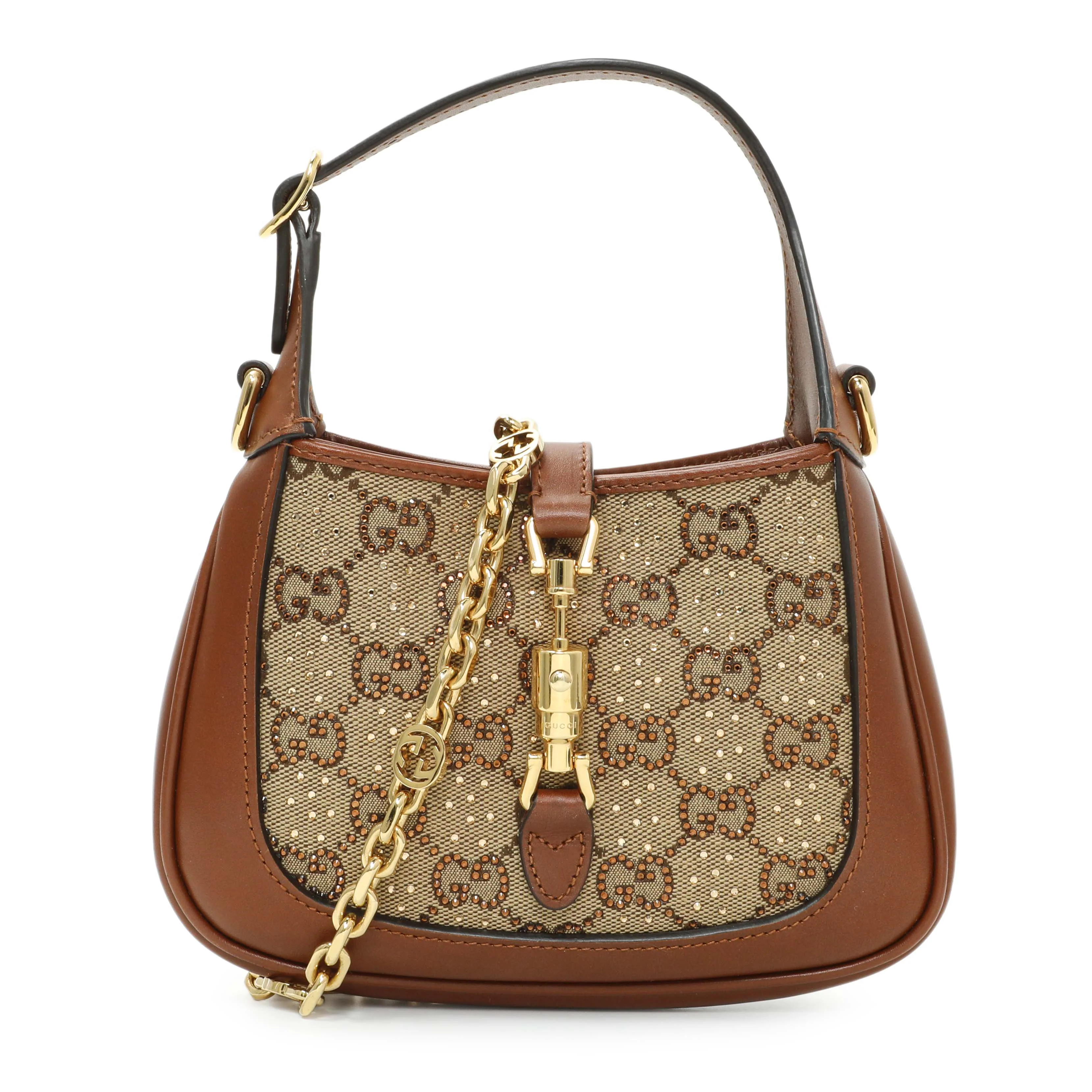 Gucci Camel Ebony New Canvas Charisma Calfskin Crystal GG Monogram Mini Jackie 1961 Hobo