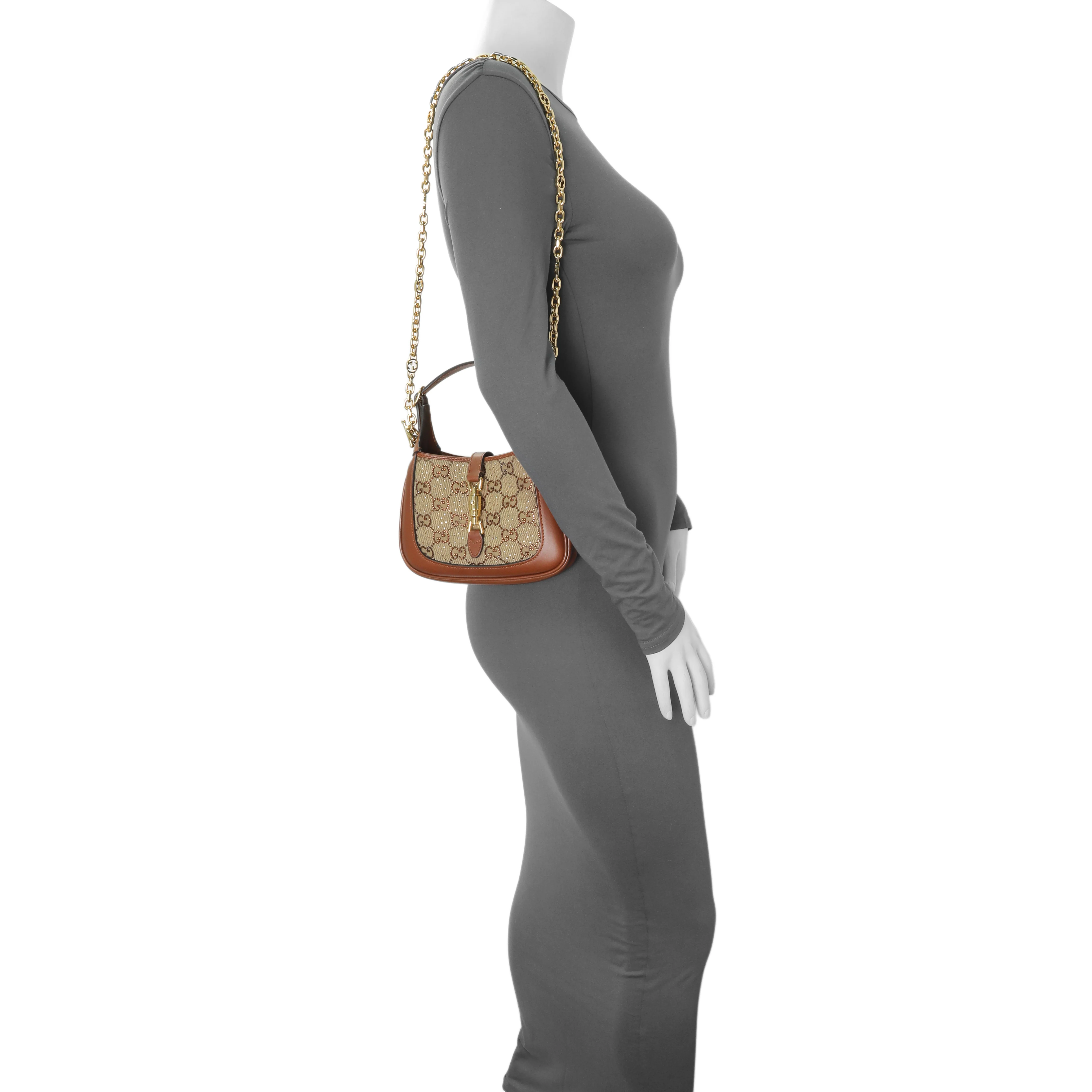 Gucci Camel Ebony New Canvas Charisma Calfskin Crystal GG Monogram Mini Jackie 1961 Hobo - Image 7