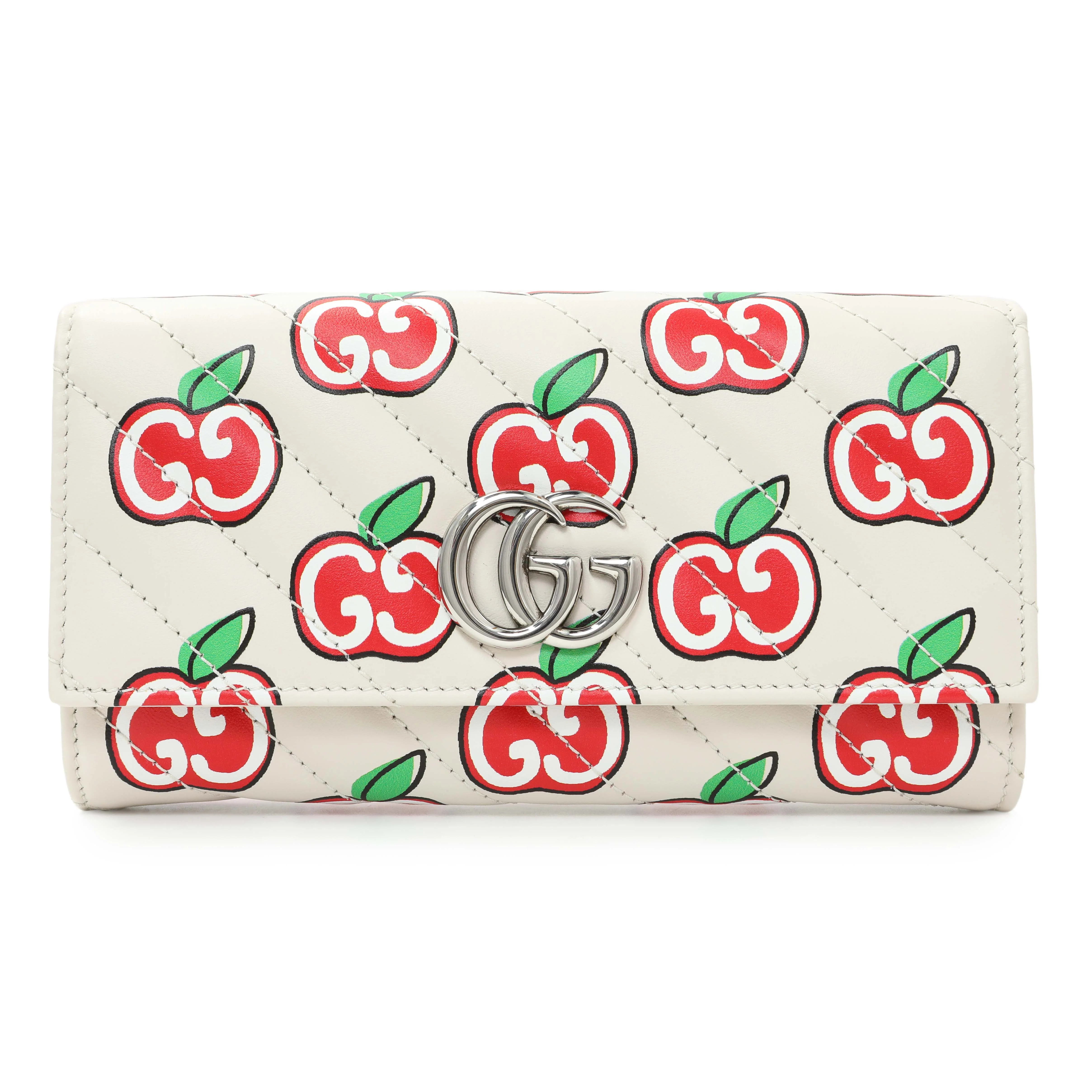 Gucci Ivory Calfskin Monogram Matelasse Diagonal GG Apple Marmont Continental Wallet