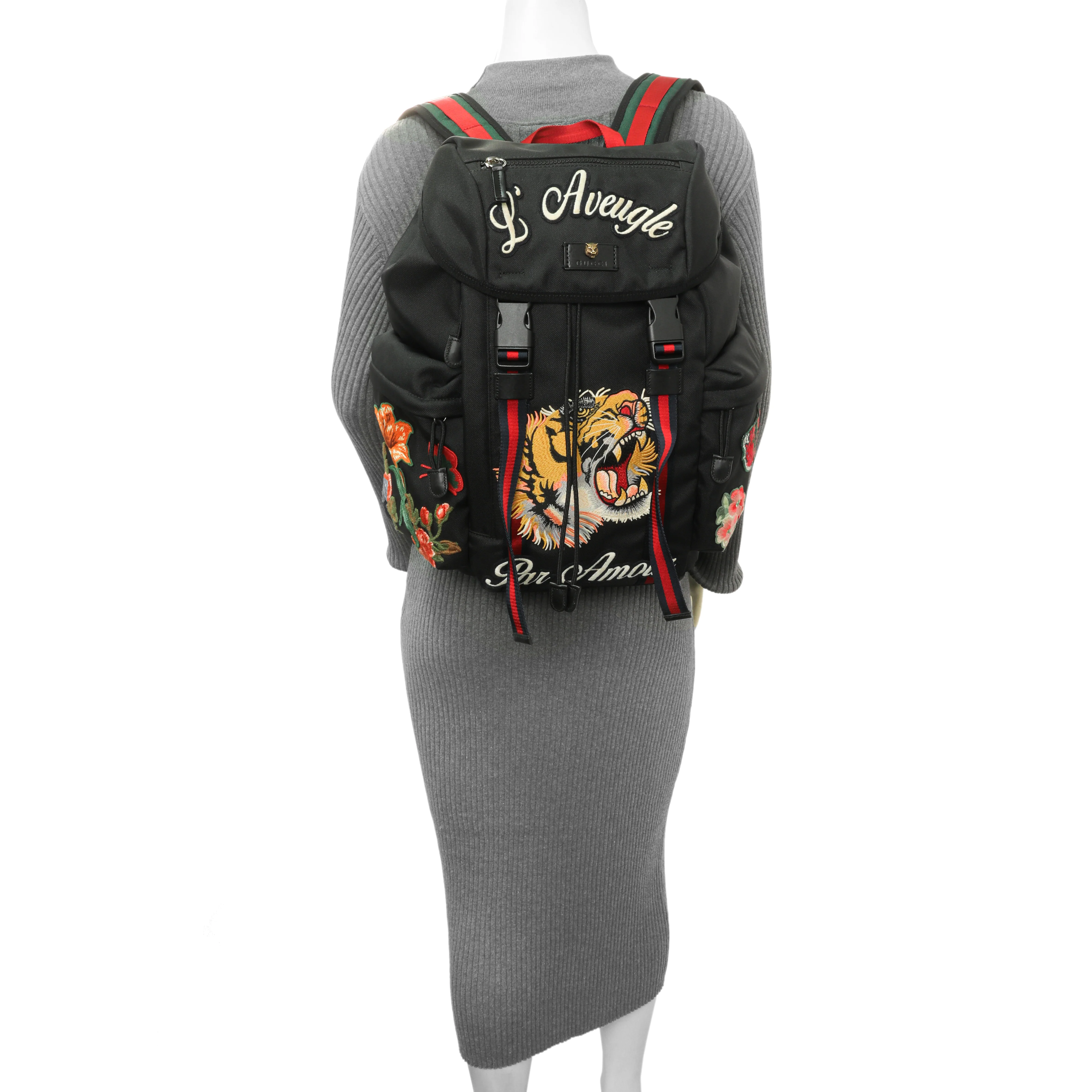 Gucci Techno Canvas Web L'Aveugle Par Amour Embroidered Double Buckle Backpack - Image 8