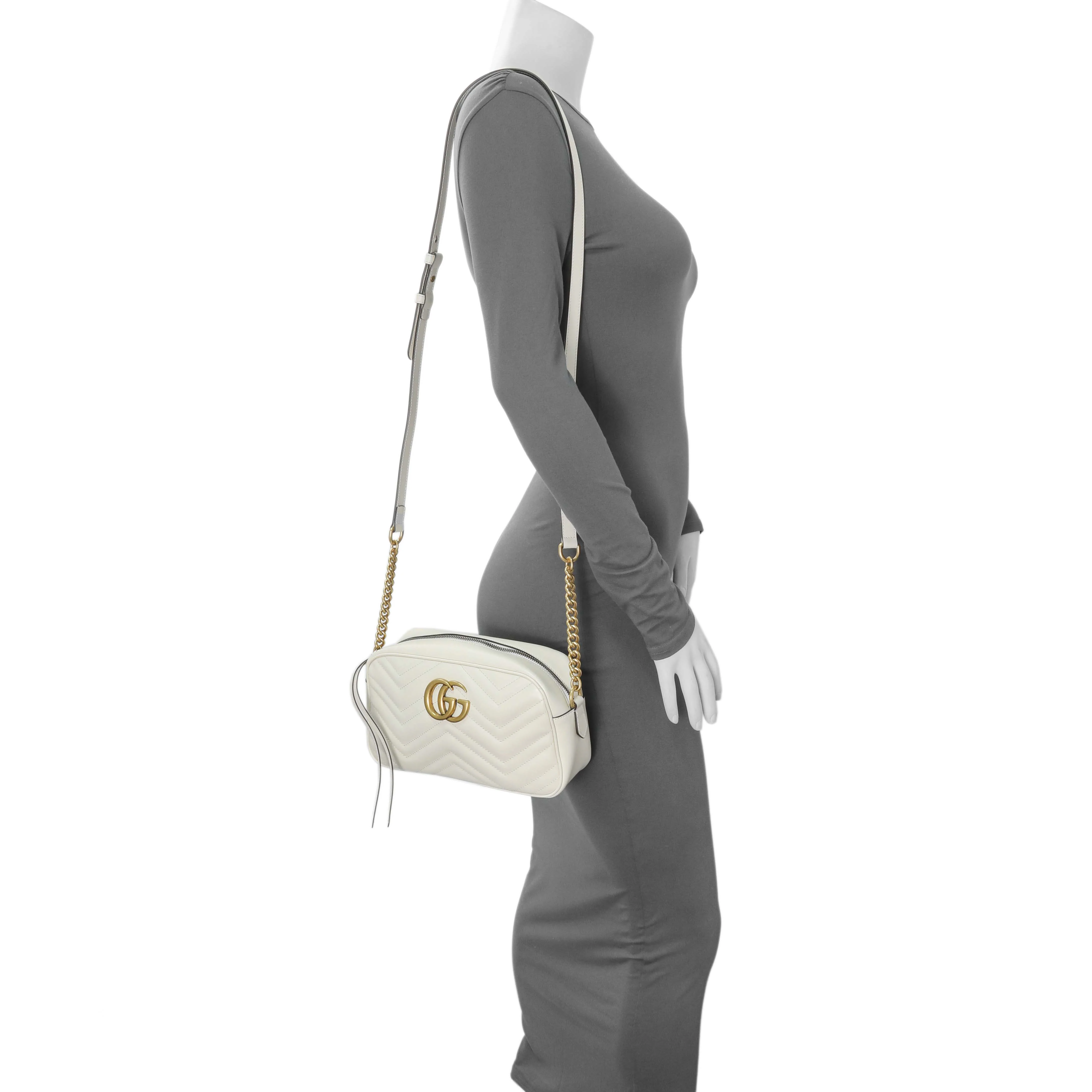 Gucci White Calfskin Matelasse Small GG Marmont Chain Shoulder Bag - Image 8