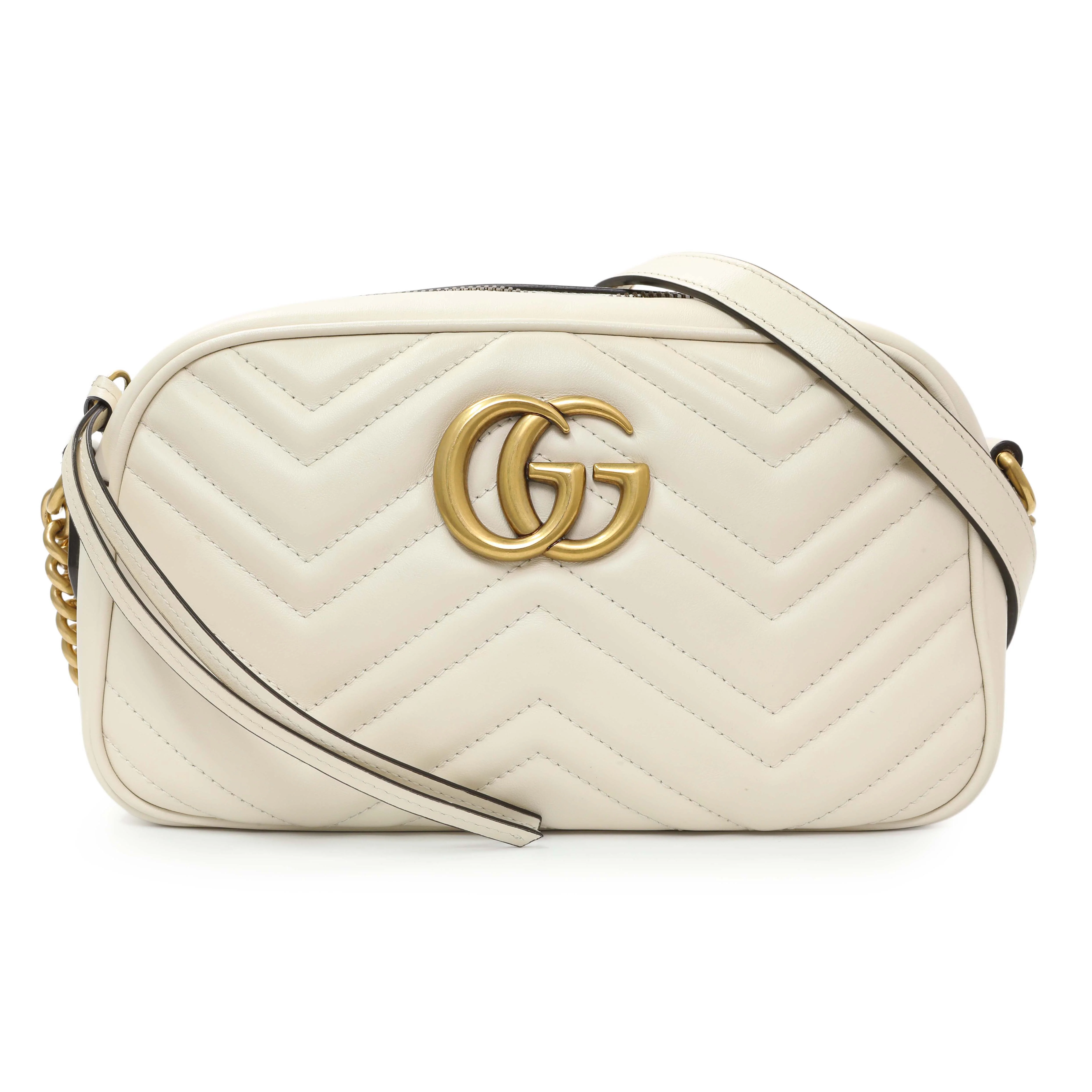 Gucci White Calfskin Matelasse Small GG Marmont Chain Shoulder Bag
