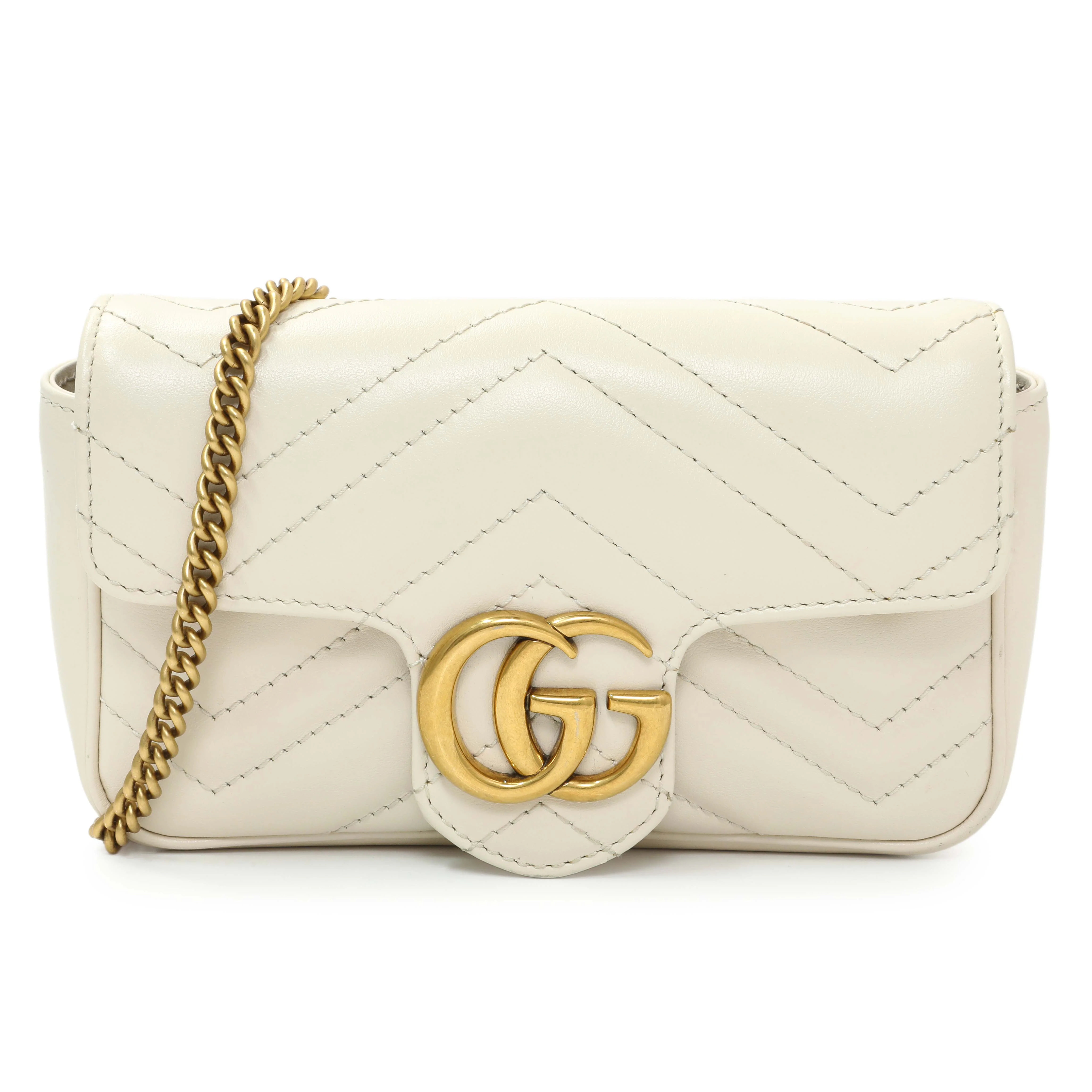 Gucci White Calfskin Matelasse Super Mini GG Marmont Shoulder Bag
