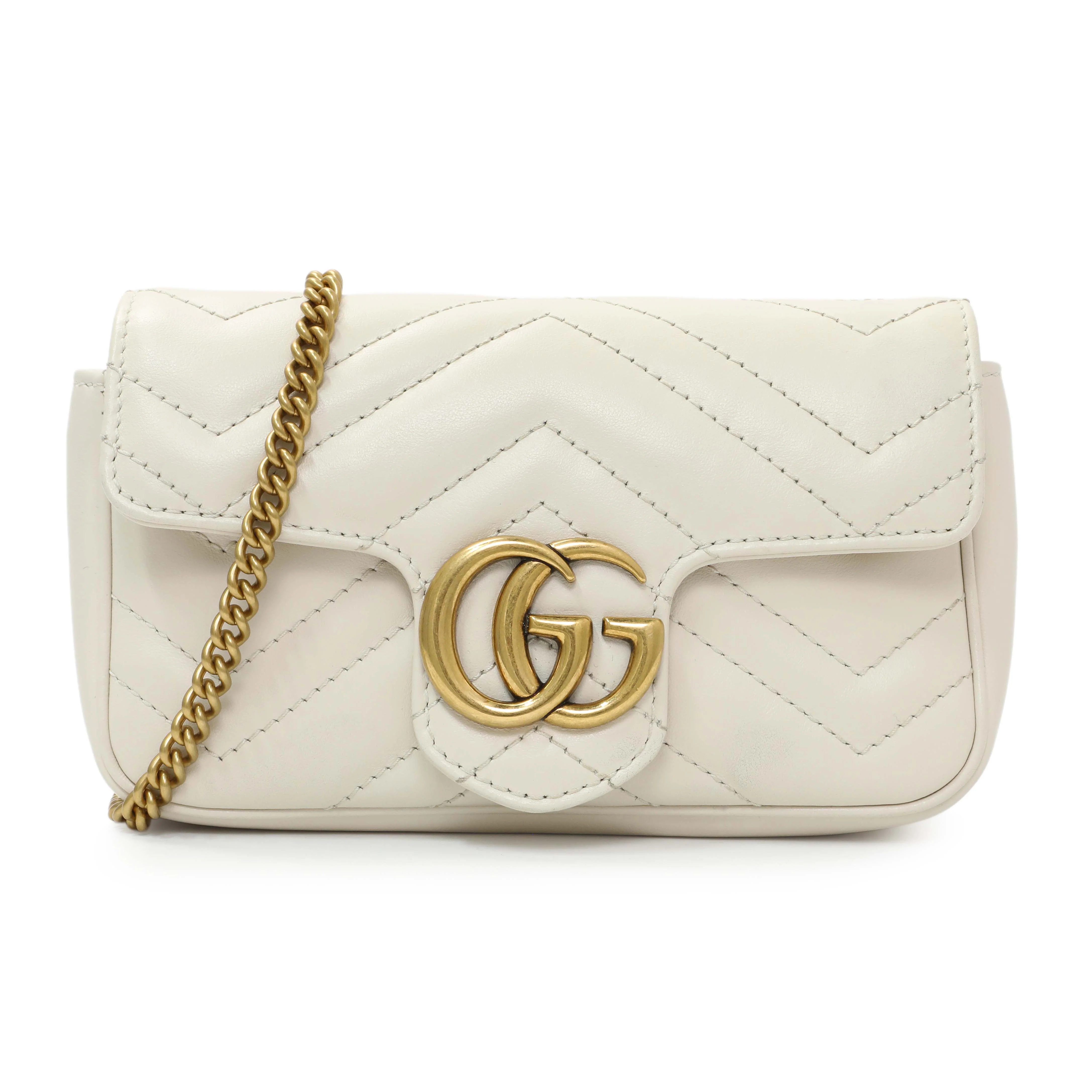Gucci White Calfskin Matelasse Super Mini GG Marmont Shoulder Bag