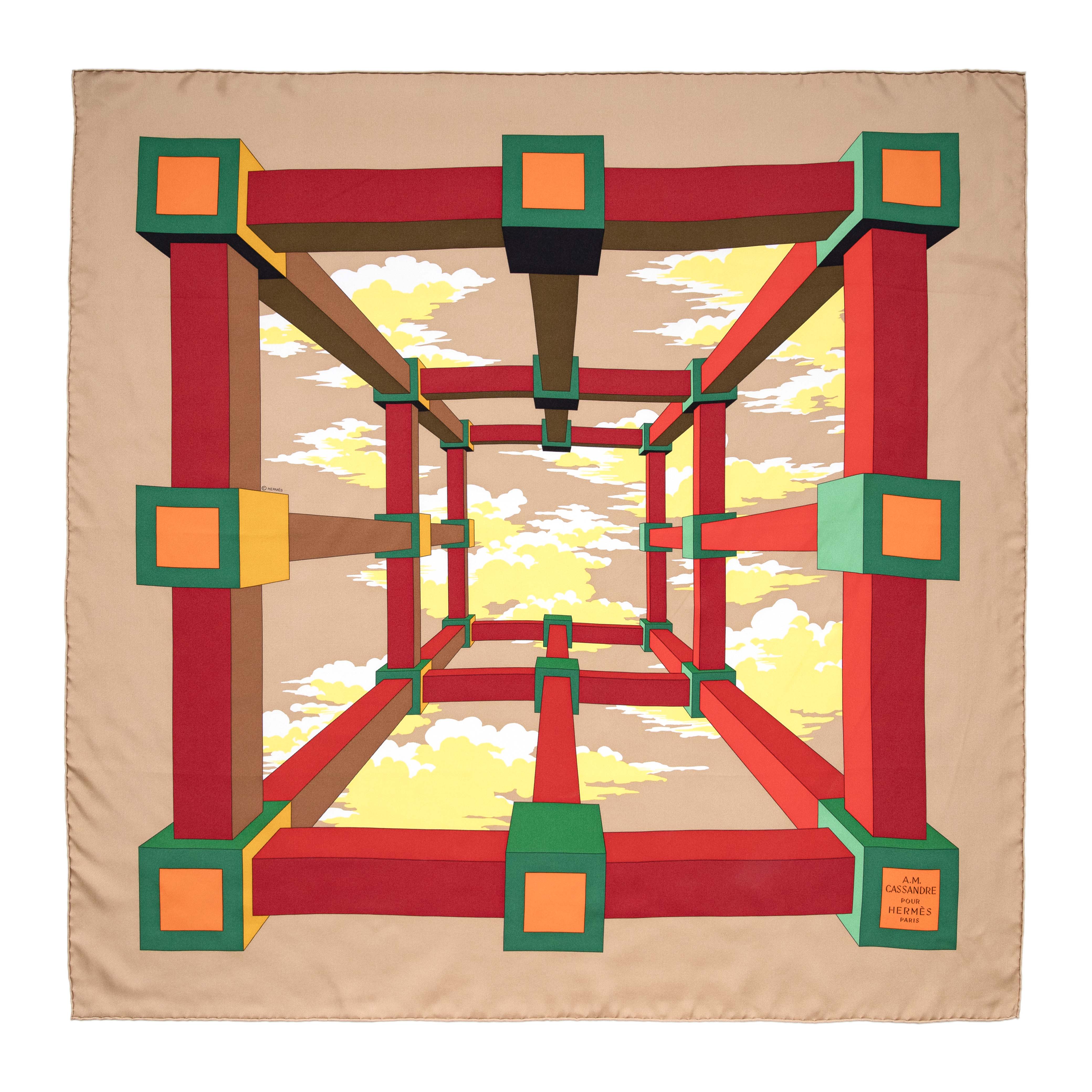 Hermes Beige Rouge H Jaune Silk Perspective II Cassandre Scarf 90 - Image 2