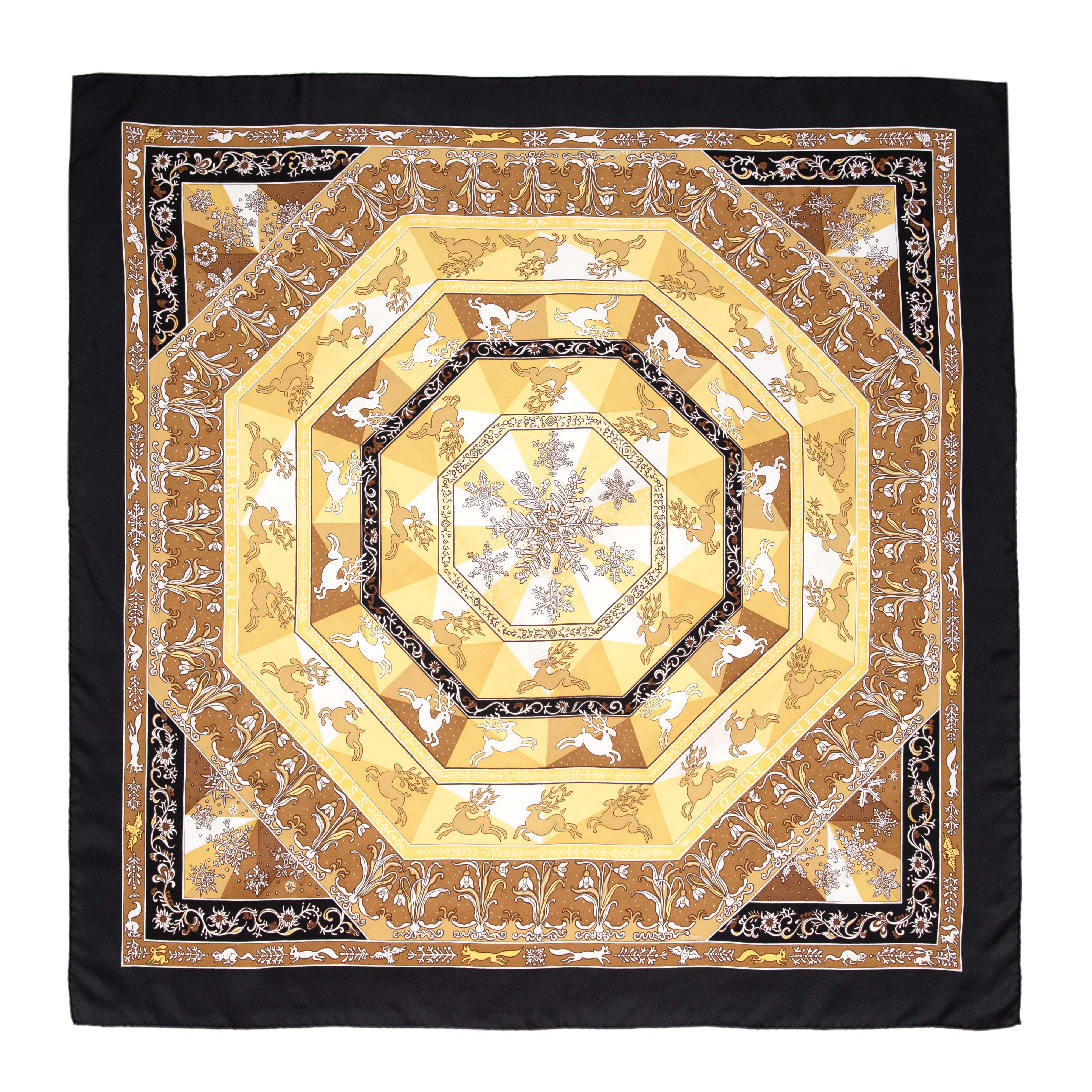 Hermes Noir Jaune Or Silk Fleurs D'Hiver Scarf 90 - Image 2