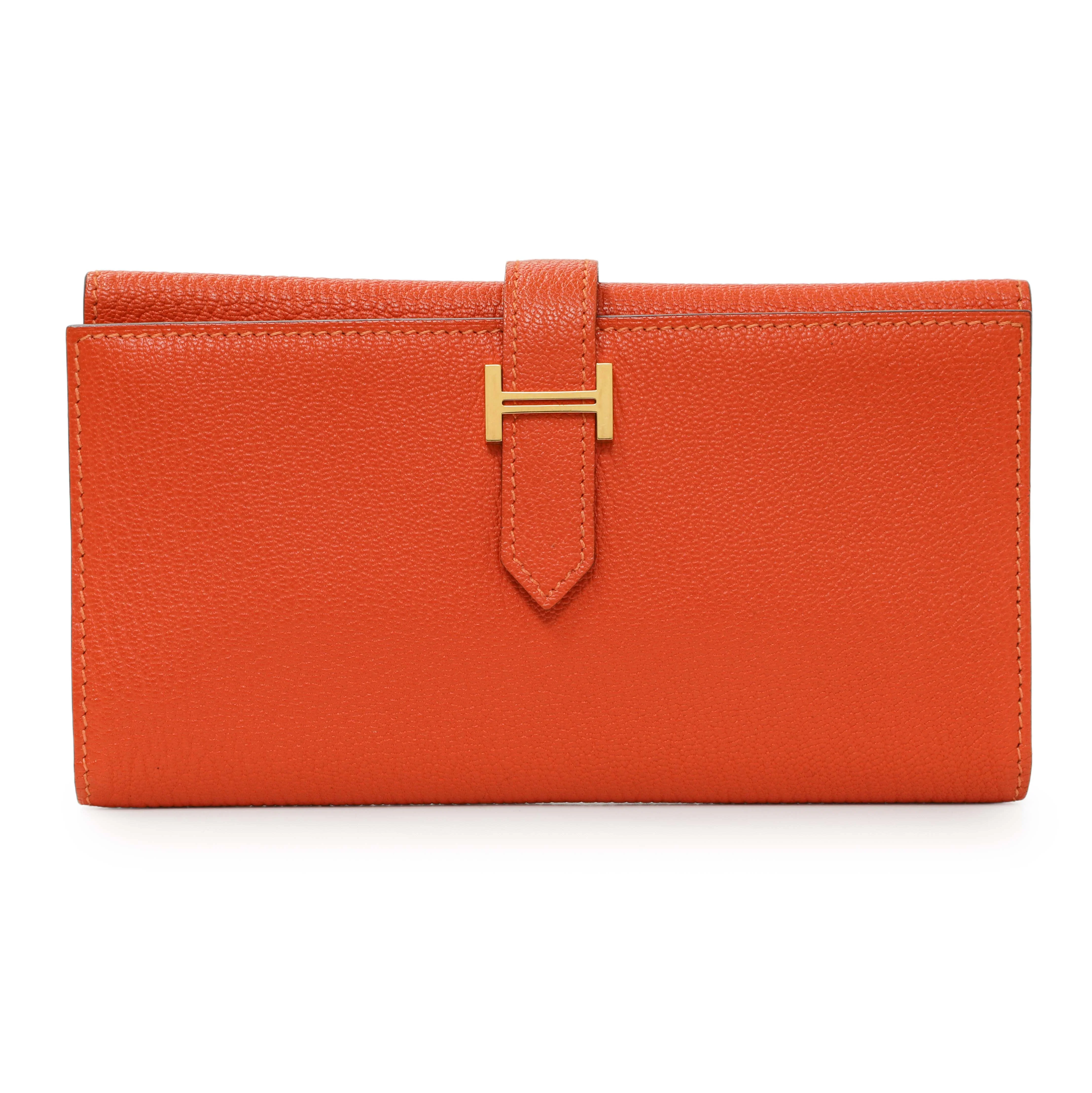 Hermes Orange Chevre Tri-Fold Bearn Wallet