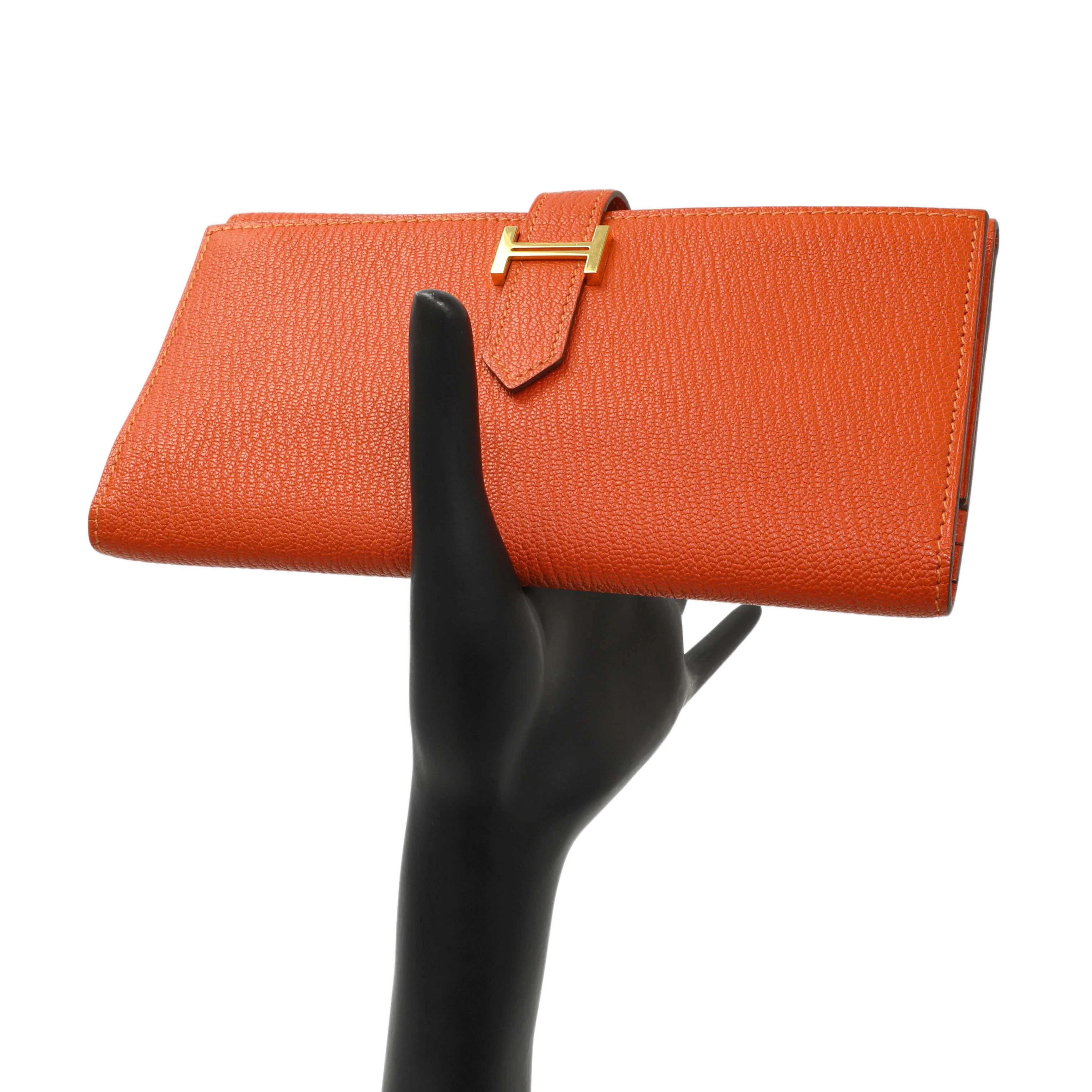 Hermes Orange Chevre Tri-Fold Bearn Wallet - Image 7