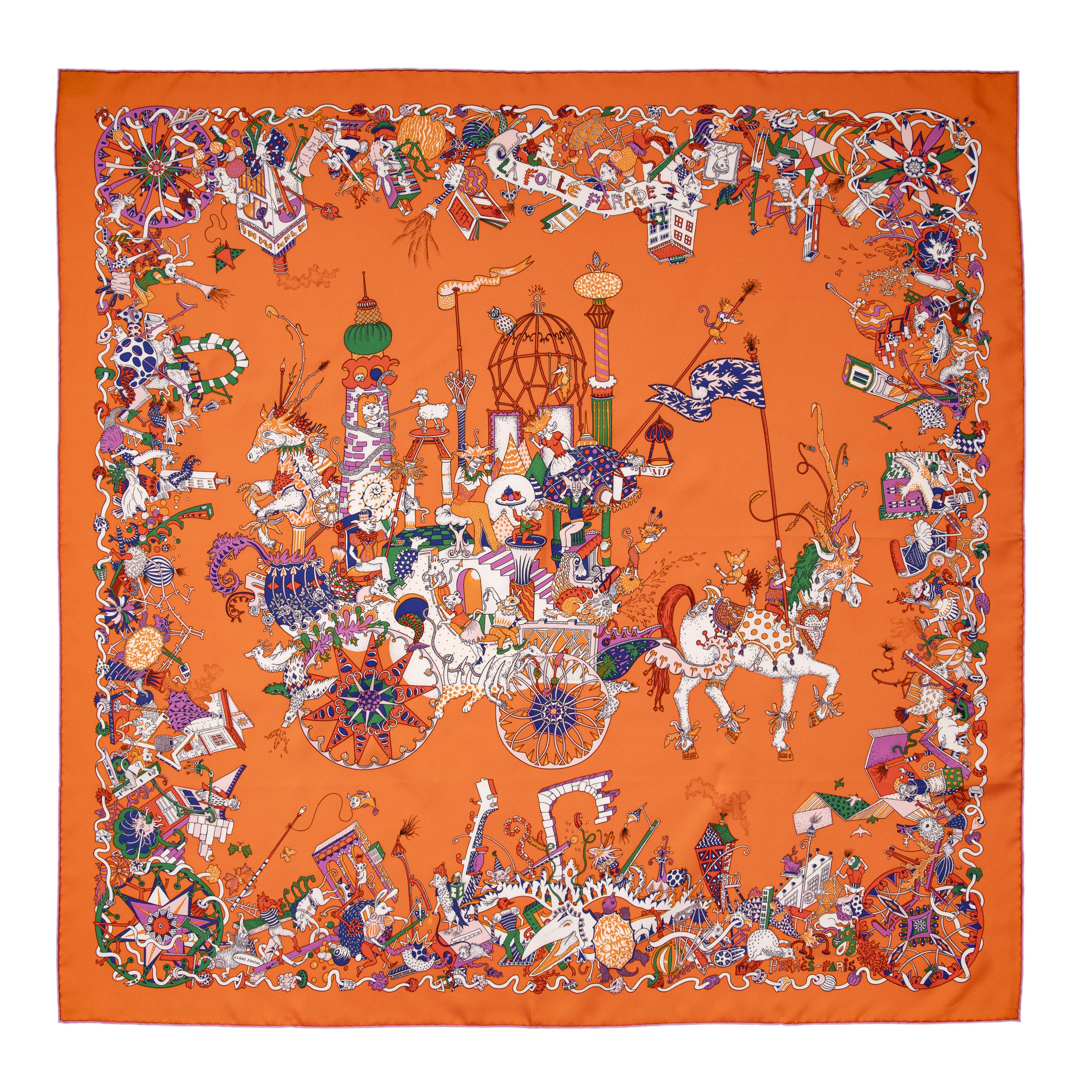 Hermes Orange La Folle Parade Silk Scarf 90 - Image 2