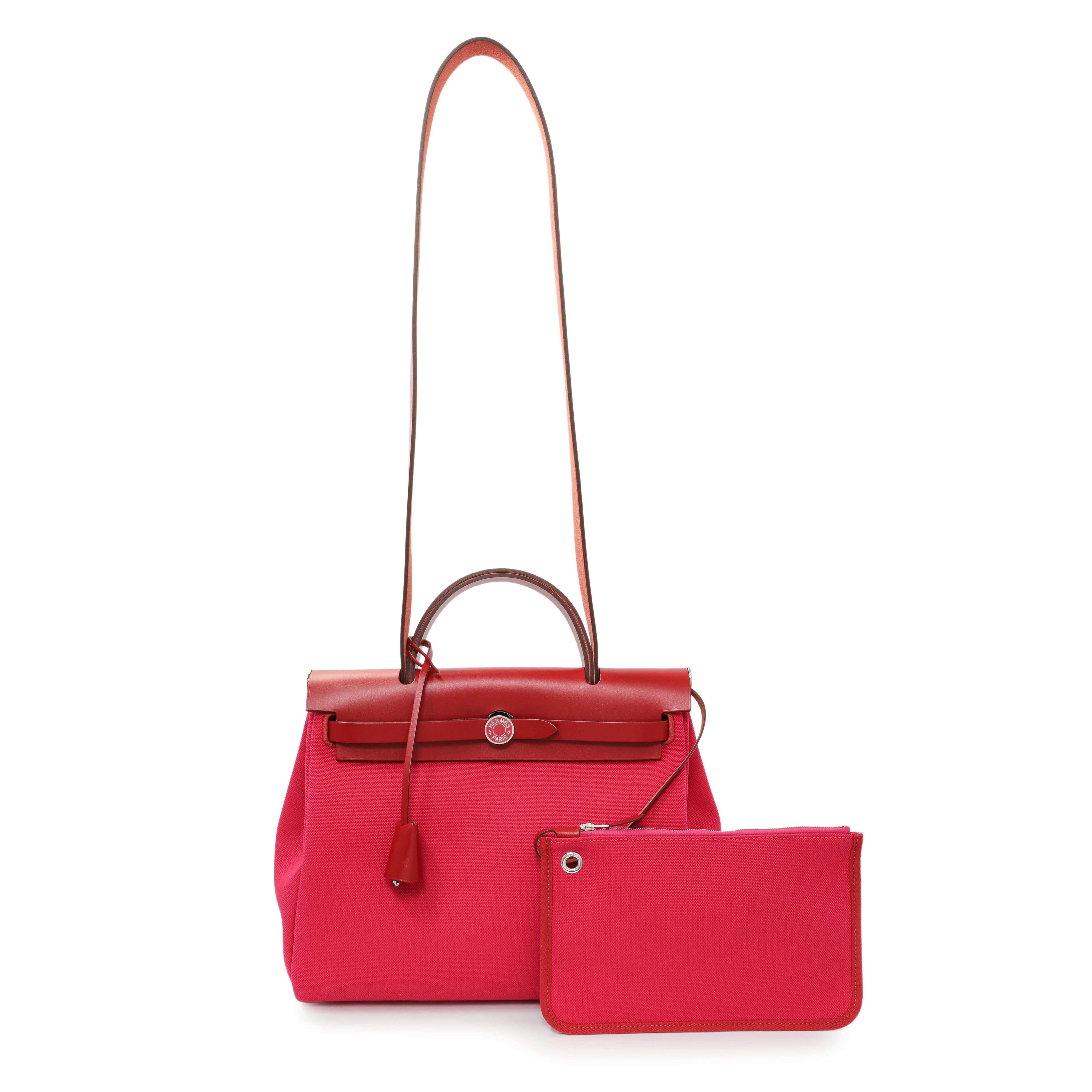 Hermes Rose Mexico Rouge Piment Toile Militaire Vache Hunter Laque Herbag Zip Retourne 31 PM