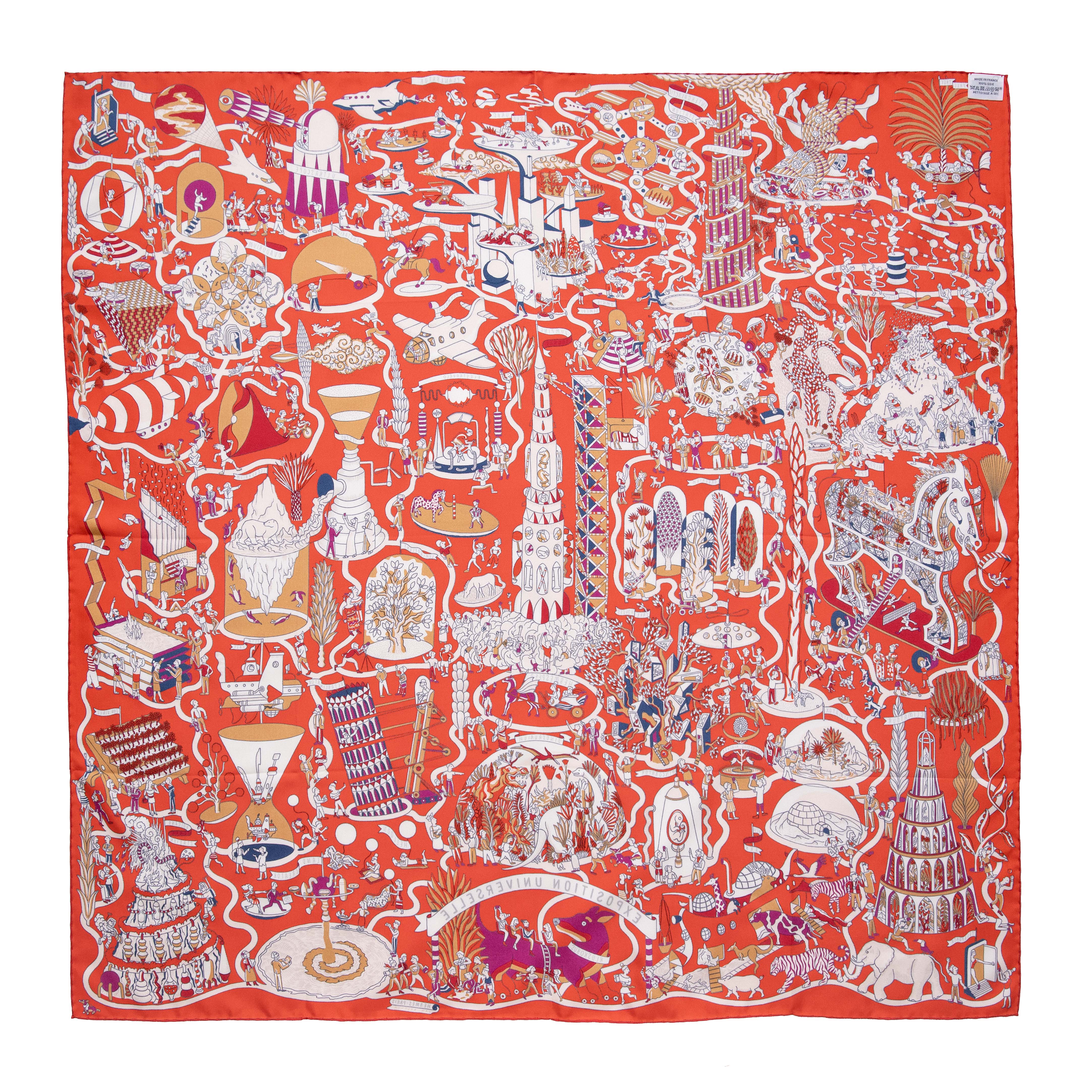 Hermes Rouge Creme Violet Silk Exposition Universelle Scarf 90 - Image 3