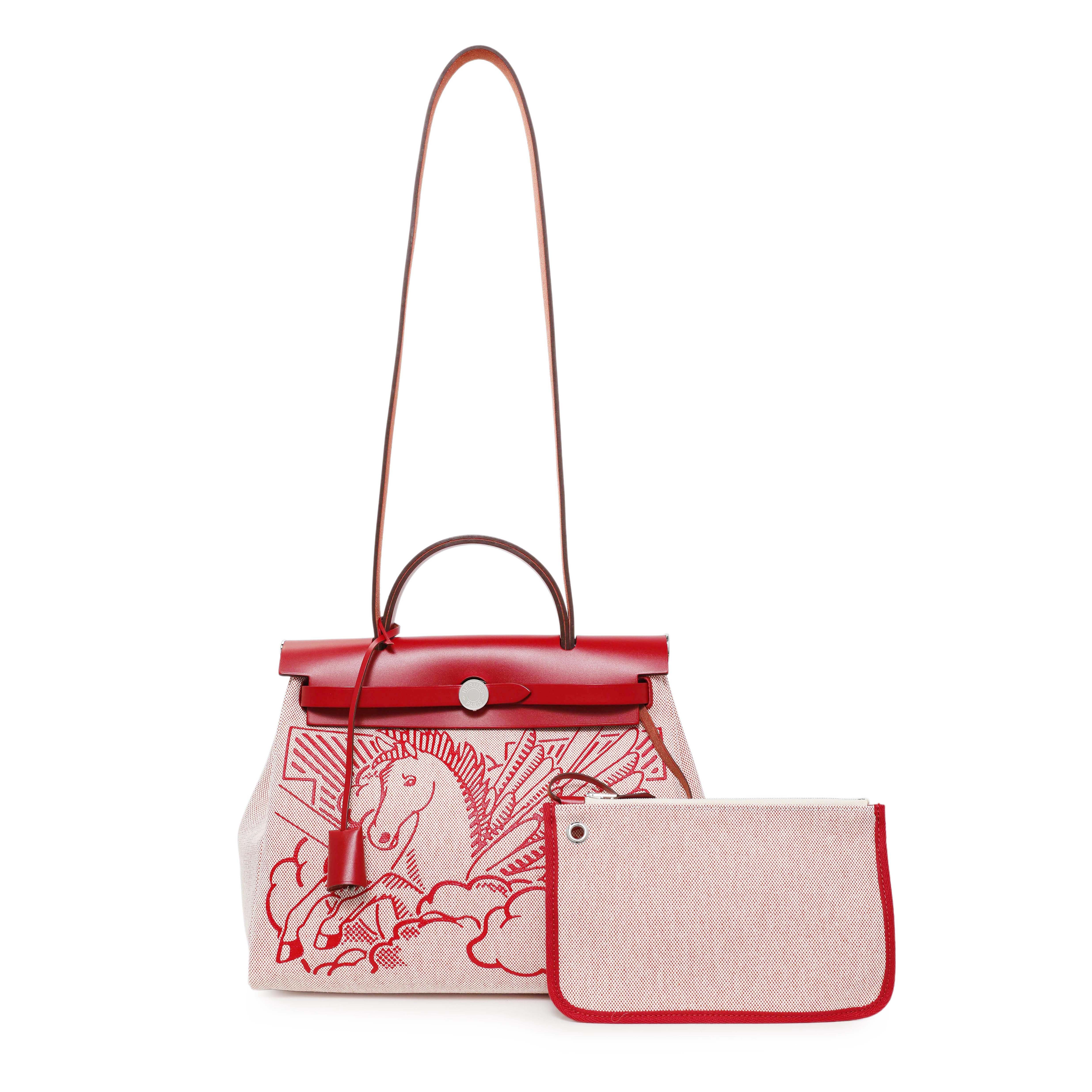 Hermes Vache Hunter Rouge Piment Toile Pegase Pop Herbag Zip Retourne 31 PM