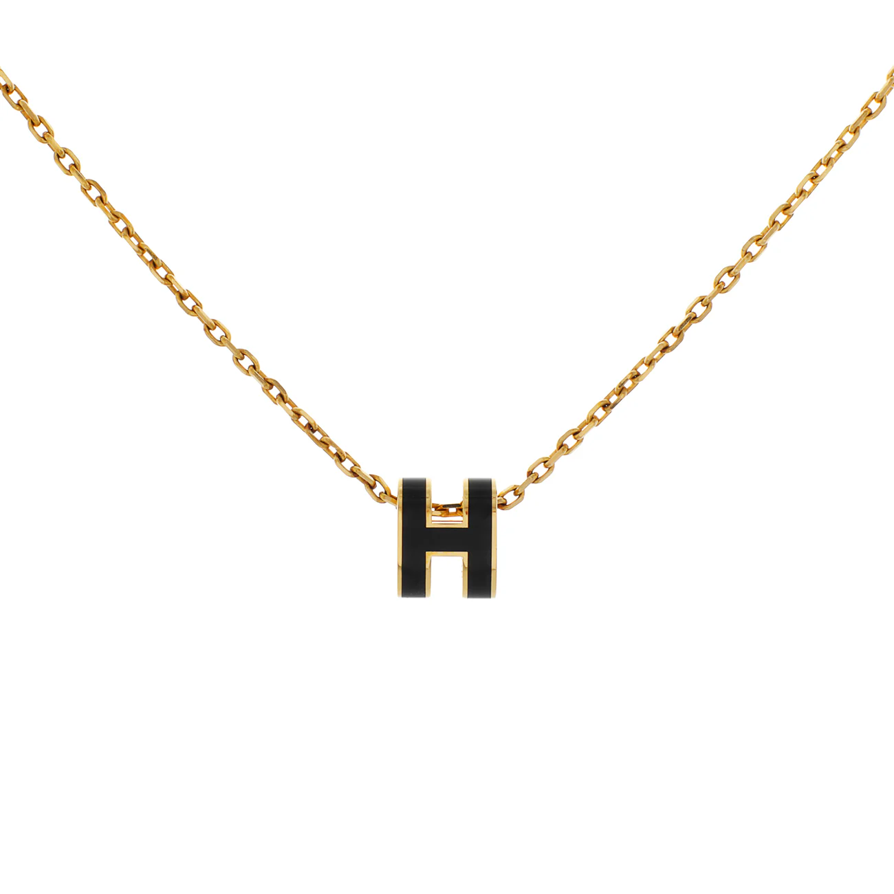 Hermes Yellow Gold Black Lacquer Mini Pop H Pendant Necklace