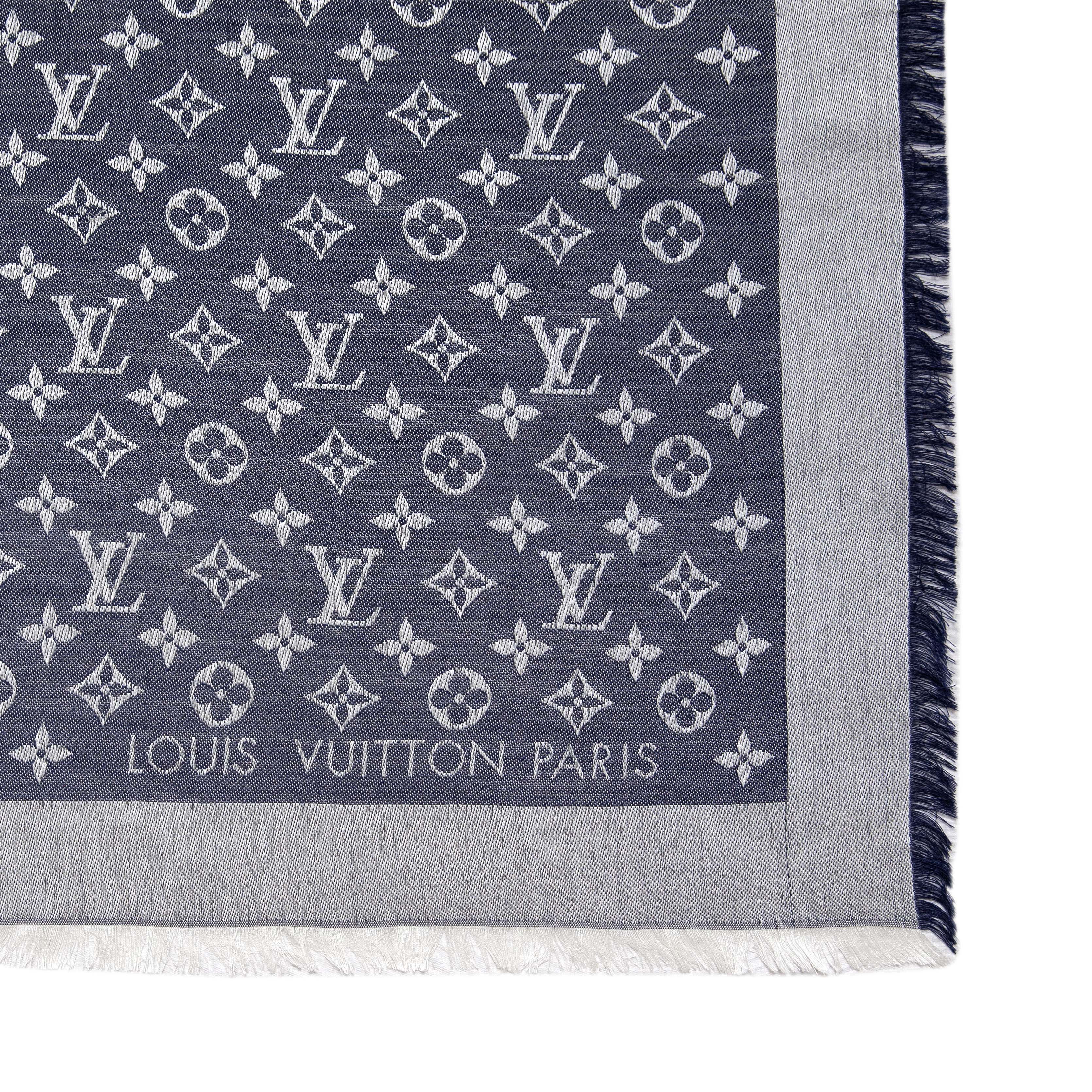 Louis Vuitton Blue Silk Wool Monogram Denim Shawl - Image 4