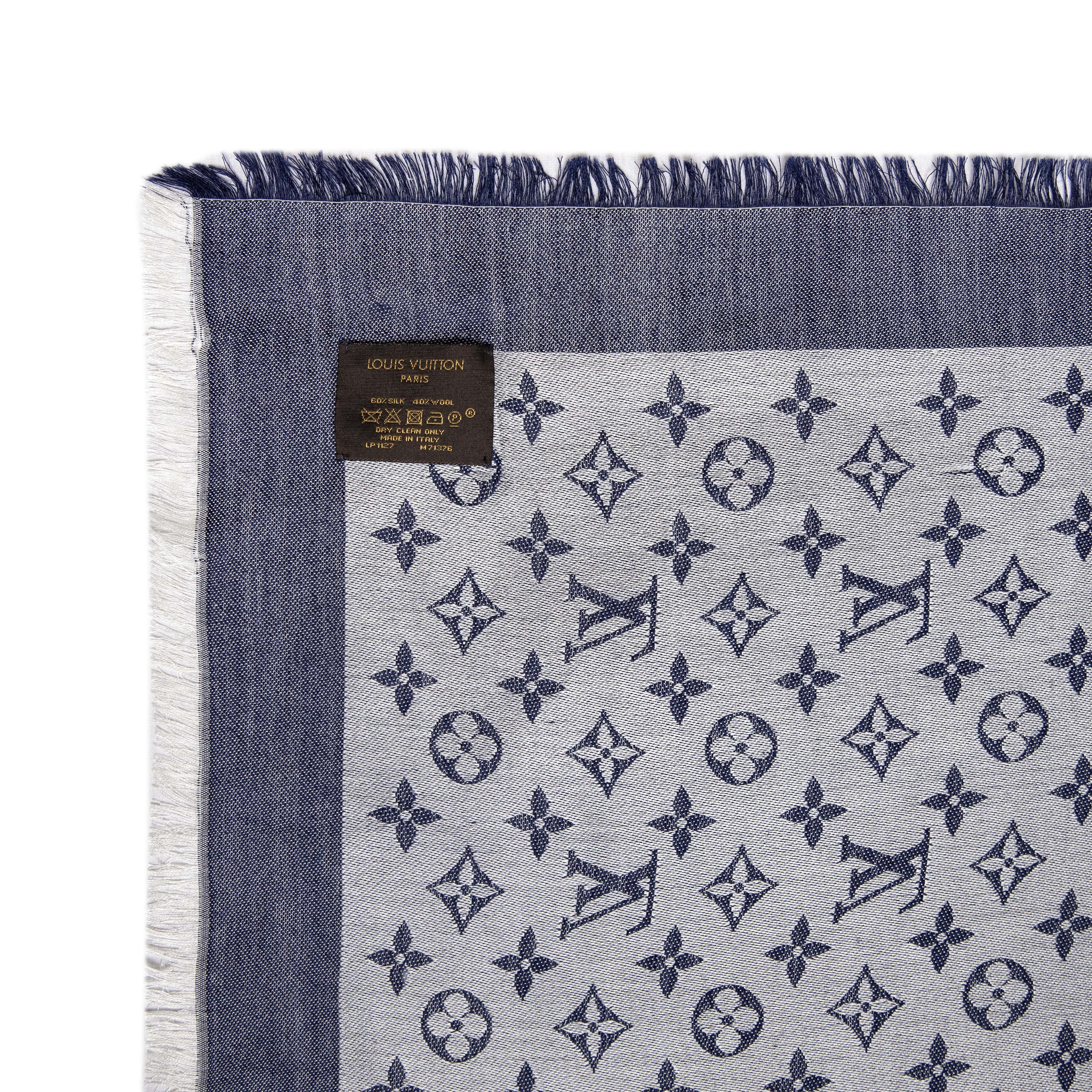 Louis Vuitton Blue Silk Wool Monogram Denim Shawl - Image 5