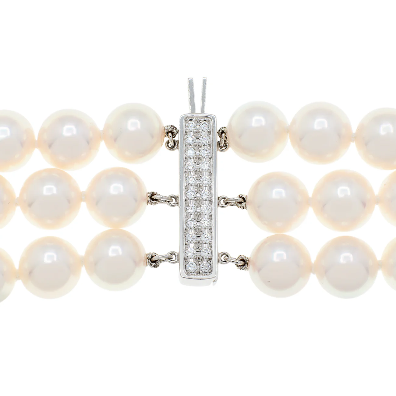 Mikimoto 18K White Gold Diamond Pearl Triple Strand Necklace - Image 3