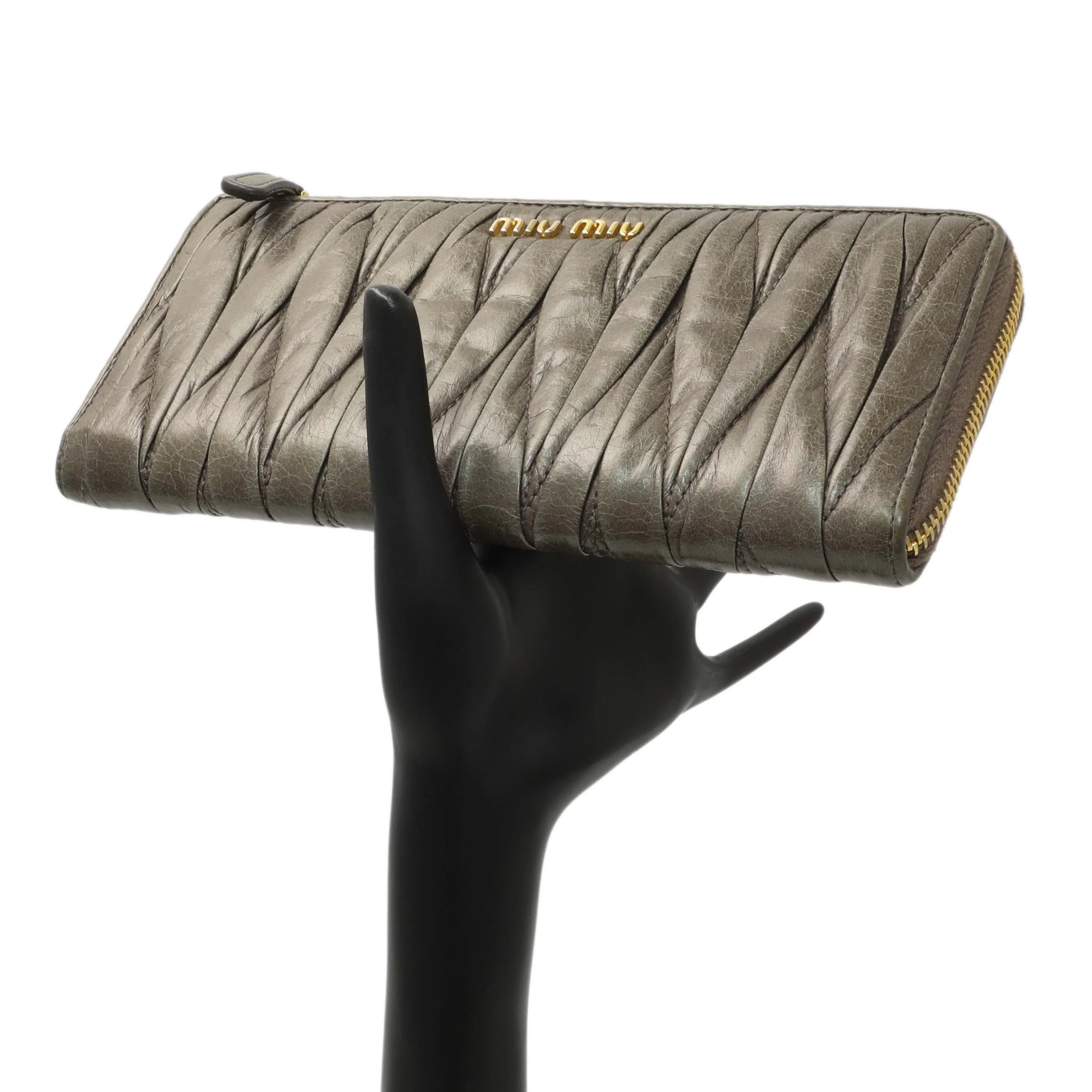 Miu Miu Grey Nappa Matelasse Zip Wallet - Image 10