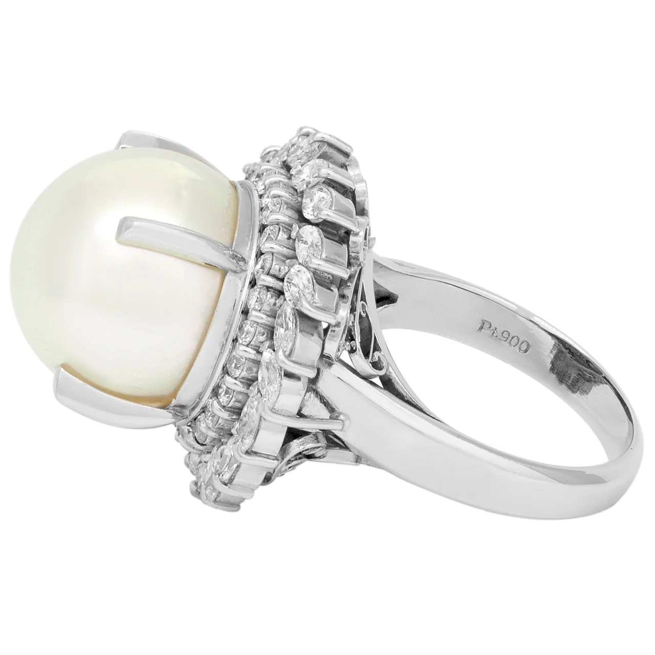 Platinum 13.6mm South Sea Pearl Diamond Ring - Image 2