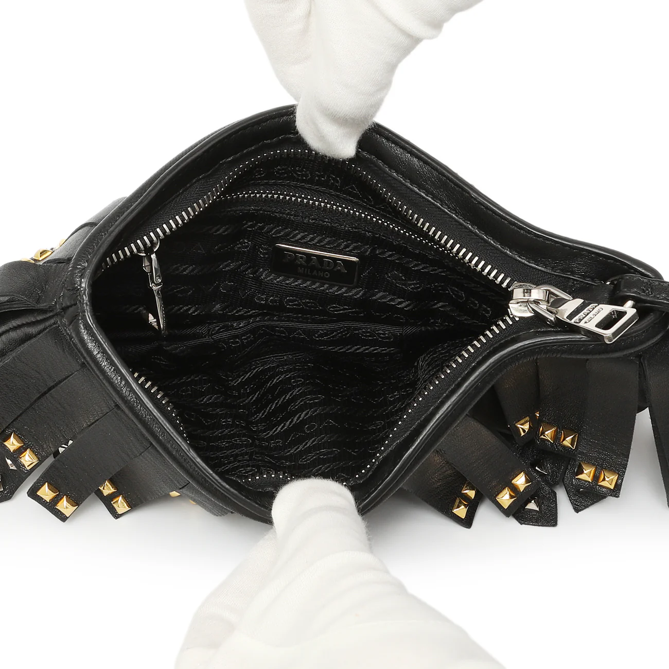 Prada Black Nappa Studded Fringe Wristlet Clutch - Image 4