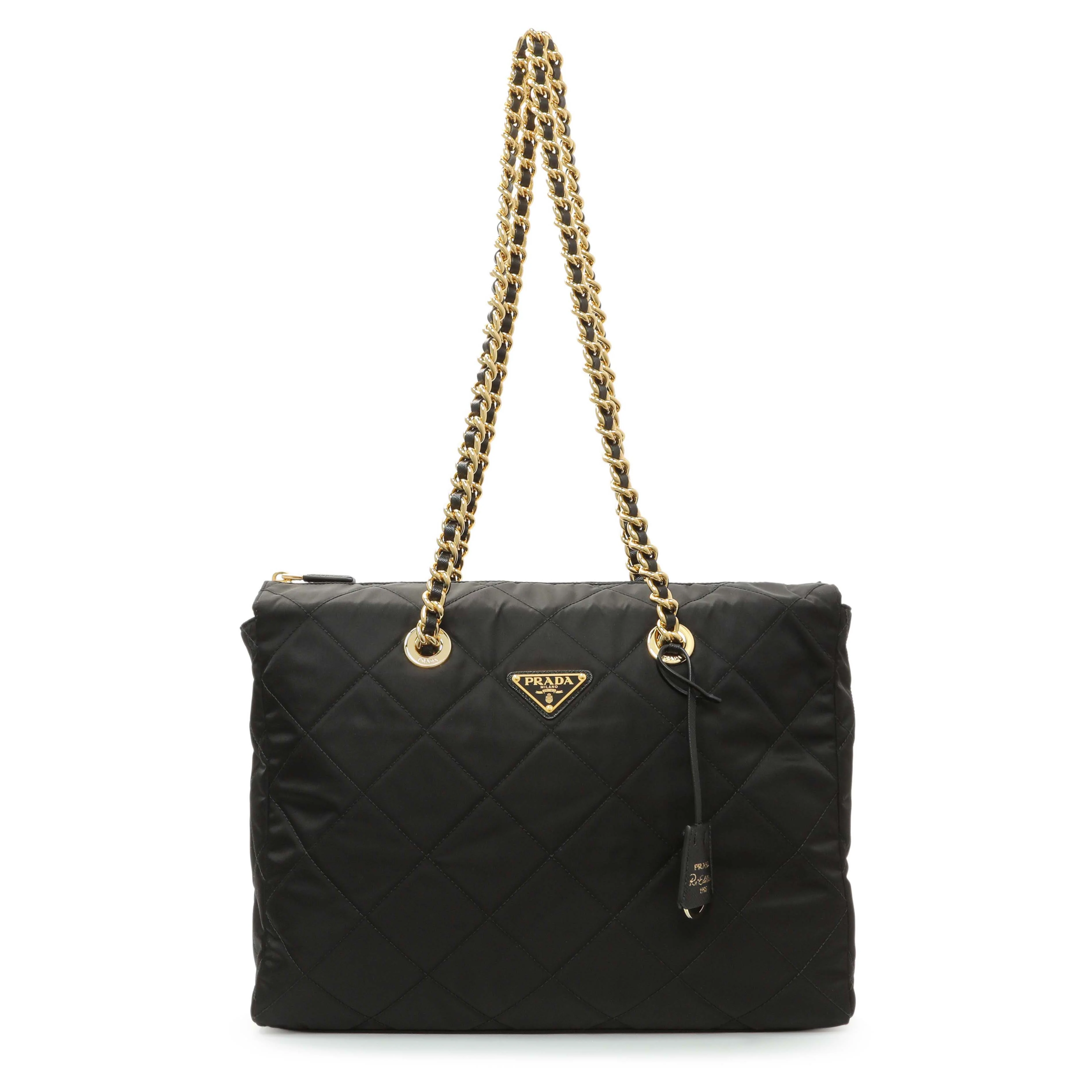 Prada Black Re-Nylon Triangle Stitched Re-Edition 1995 Chaine Large Shoulder Bag