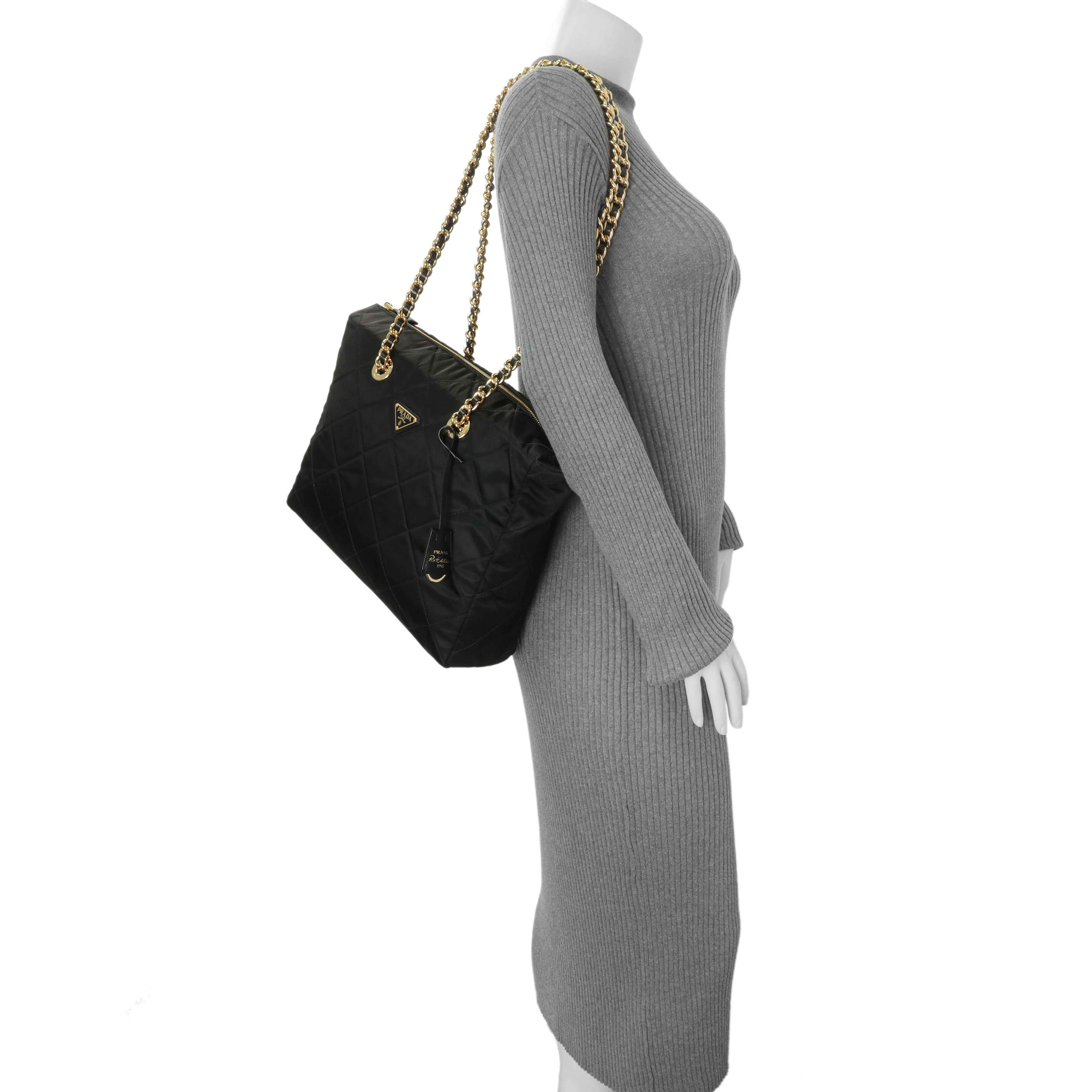Prada Black Re-Nylon Triangle Stitched Re-Edition 1995 Chaine Large Shoulder Bag - Image 6
