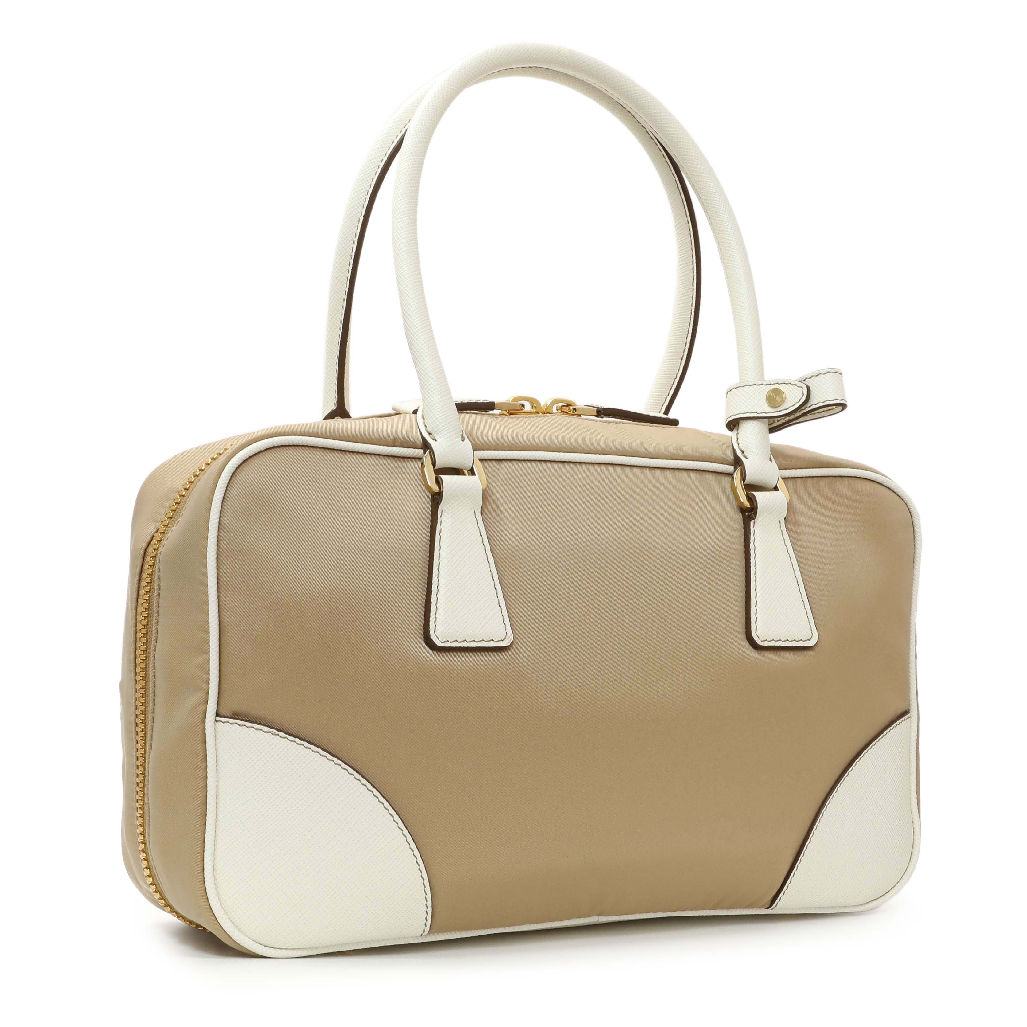 Prada Camel White Re-Nylon Saffiano Medium Re-Edition 1978 Two Handle Bag - Image 2