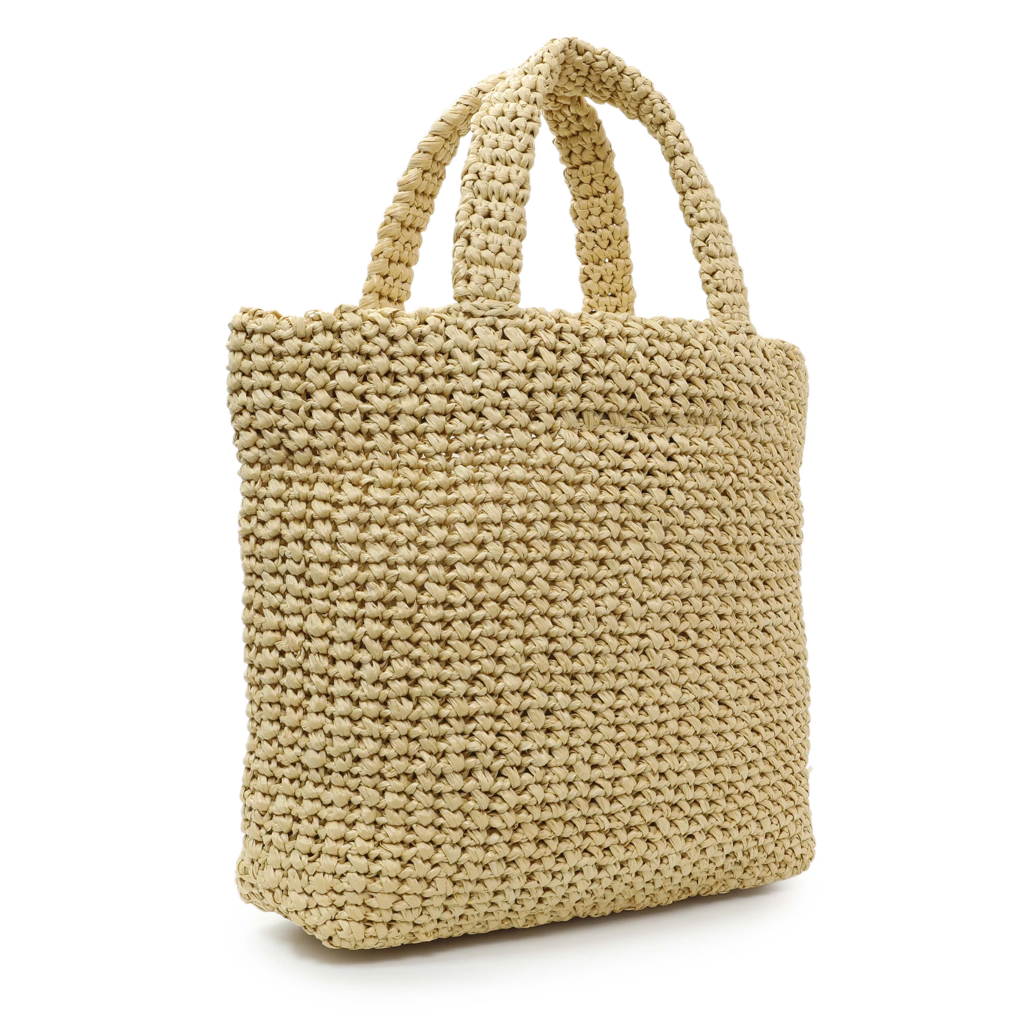 Prada Natural Yarn Raffia Effect Crochet Small Logo Tote - Image 2