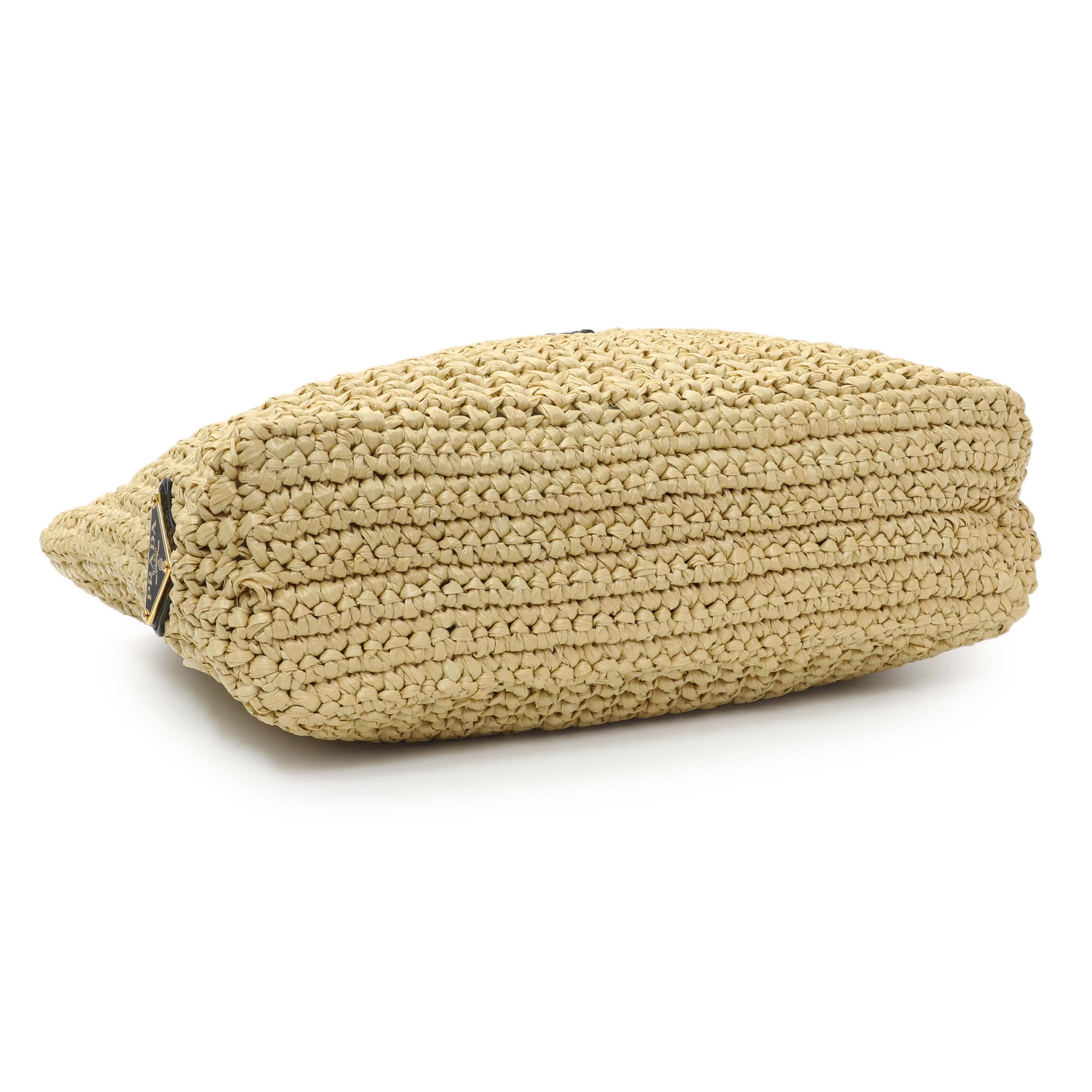 Prada Natural Yarn Raffia Effect Crochet Small Logo Tote - Image 3