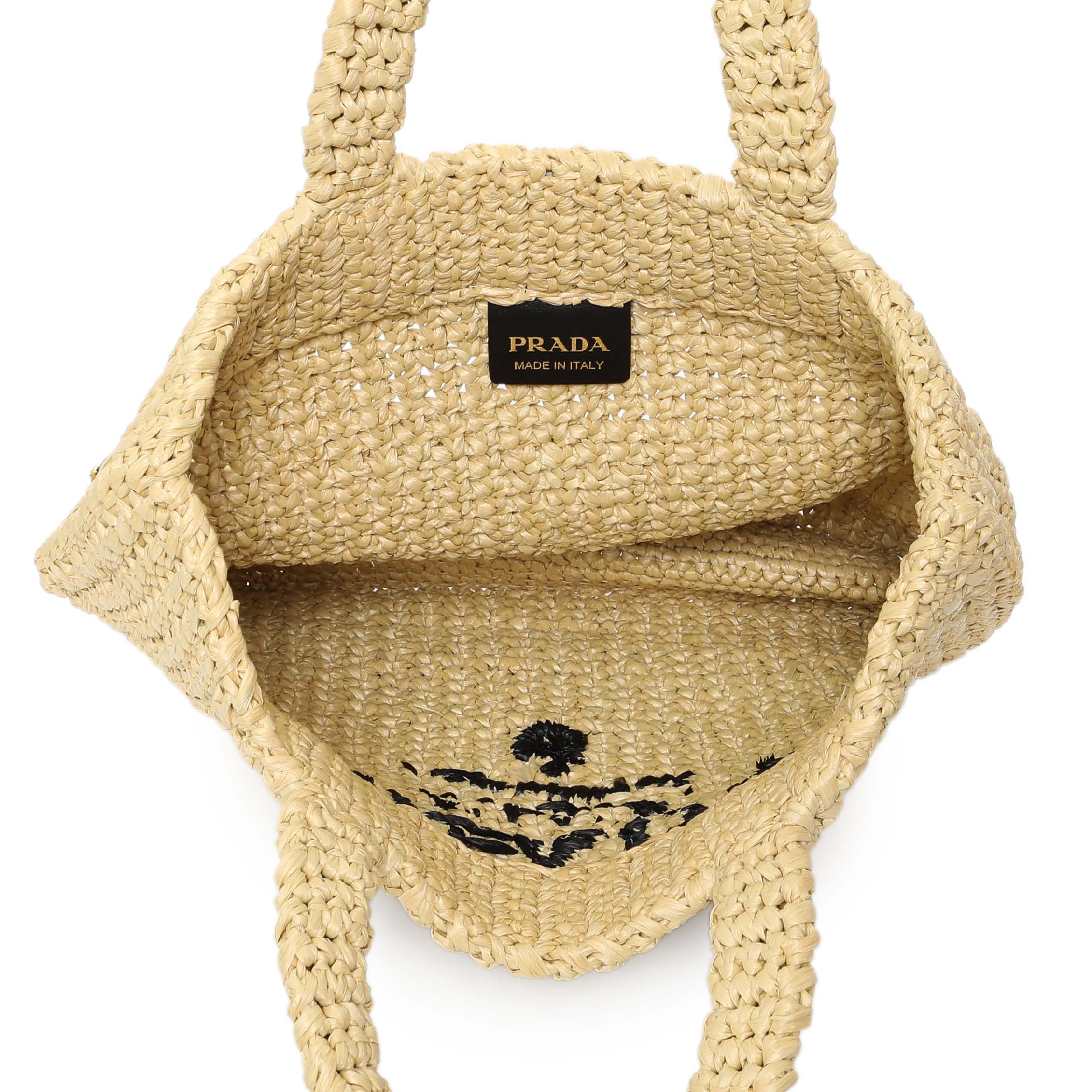 Prada Natural Yarn Raffia Effect Crochet Small Logo Tote - Image 4